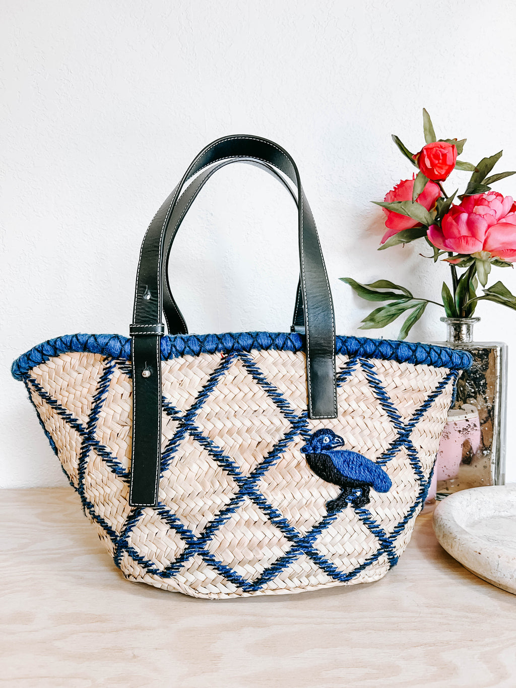 Pre-Owned Loewe Medium Animal Embroidered Raffia Basket Bag