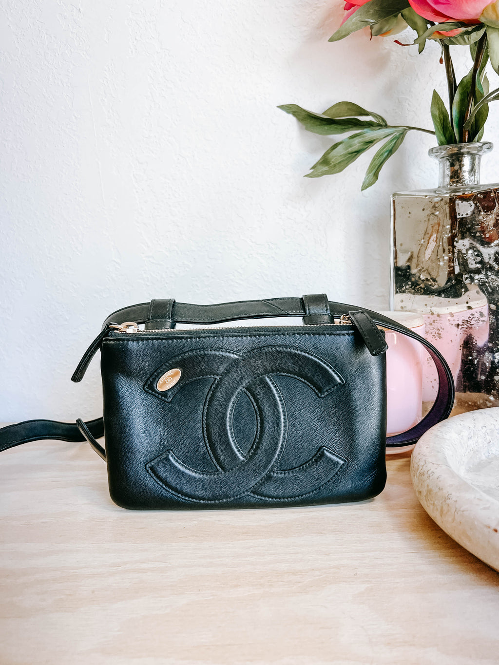 Pre-Owned Chanel CC Mania Waist Bag Black Lambskin Leather