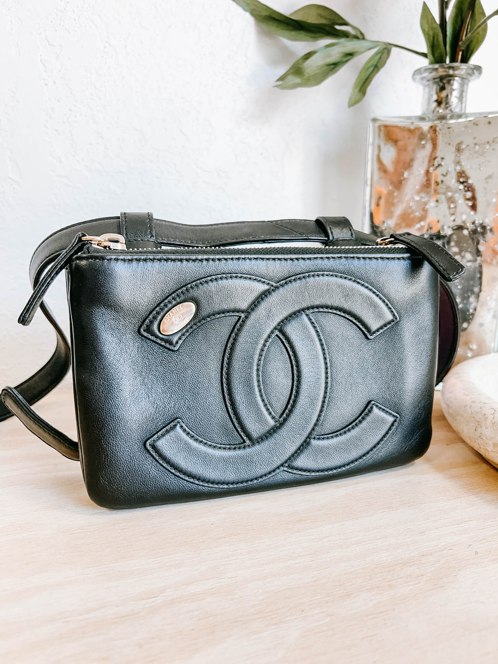 Pre-Owned Chanel CC Mania Waist Bag Black Lambskin Leather