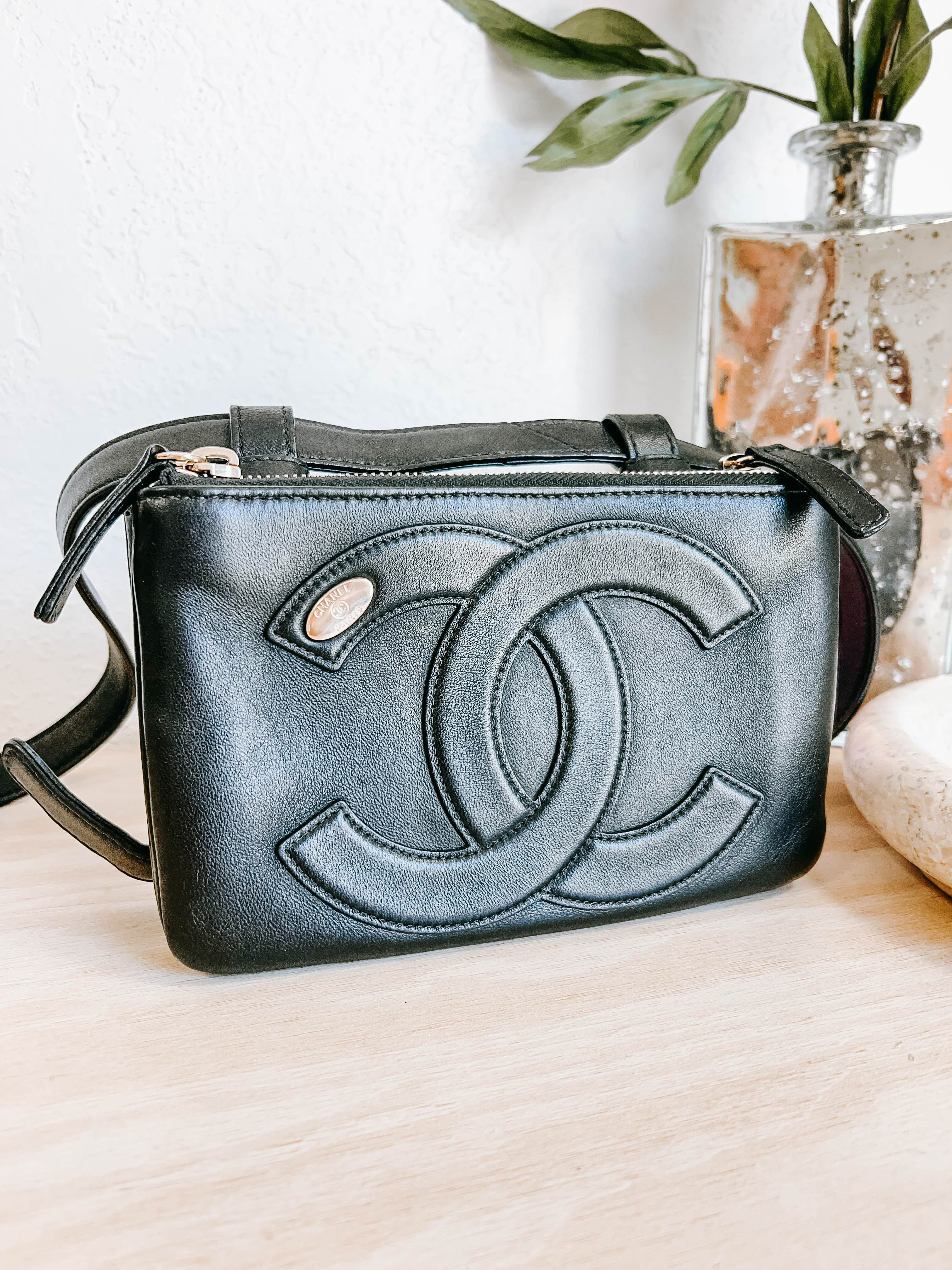 Pre-Owned Chanel CC Mania Waist Bag Black Lambskin Leather