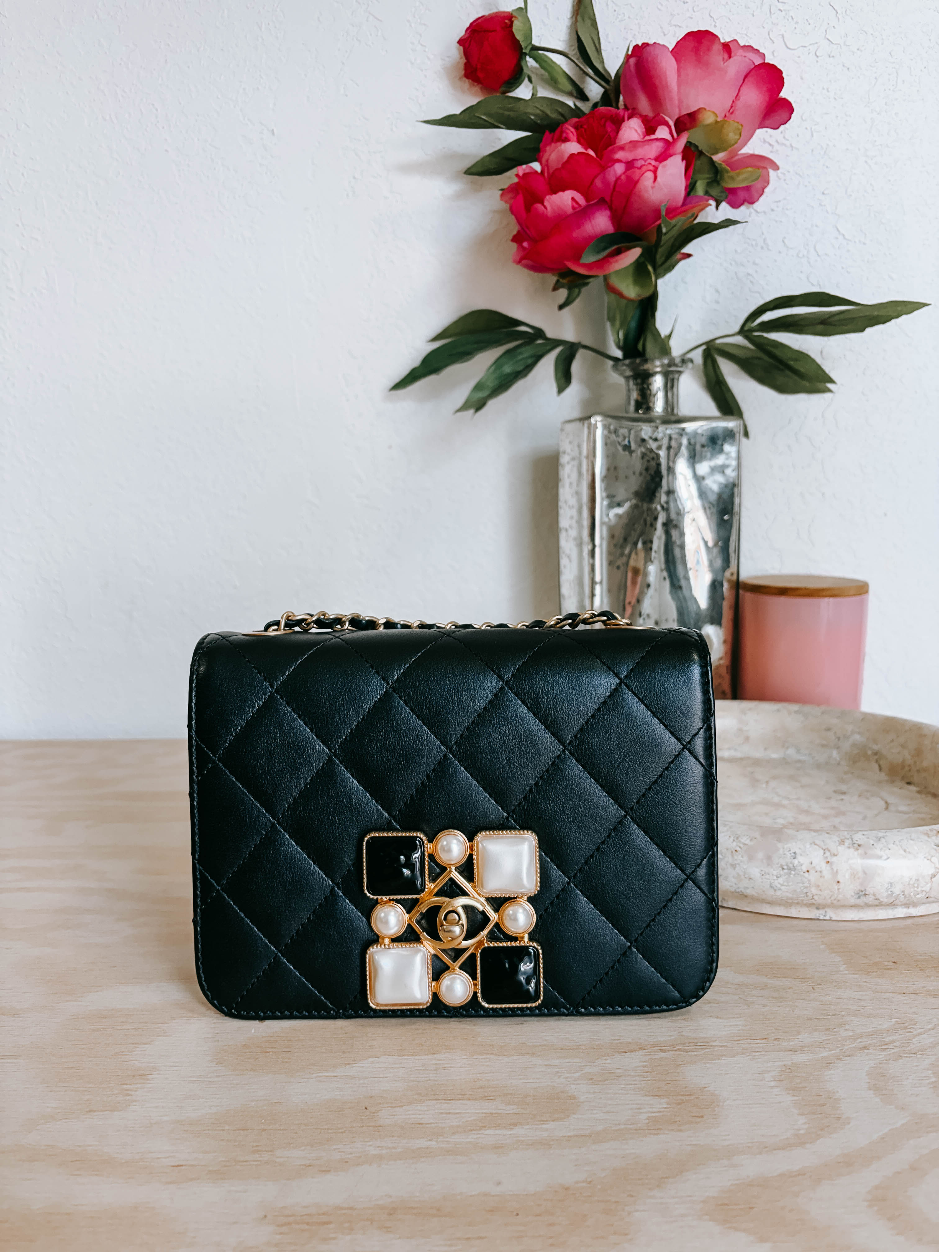 Pre-Owned Chanel Resin and Pearl Full Flap Quilted Lambskin Mini Bag *Final Sale*