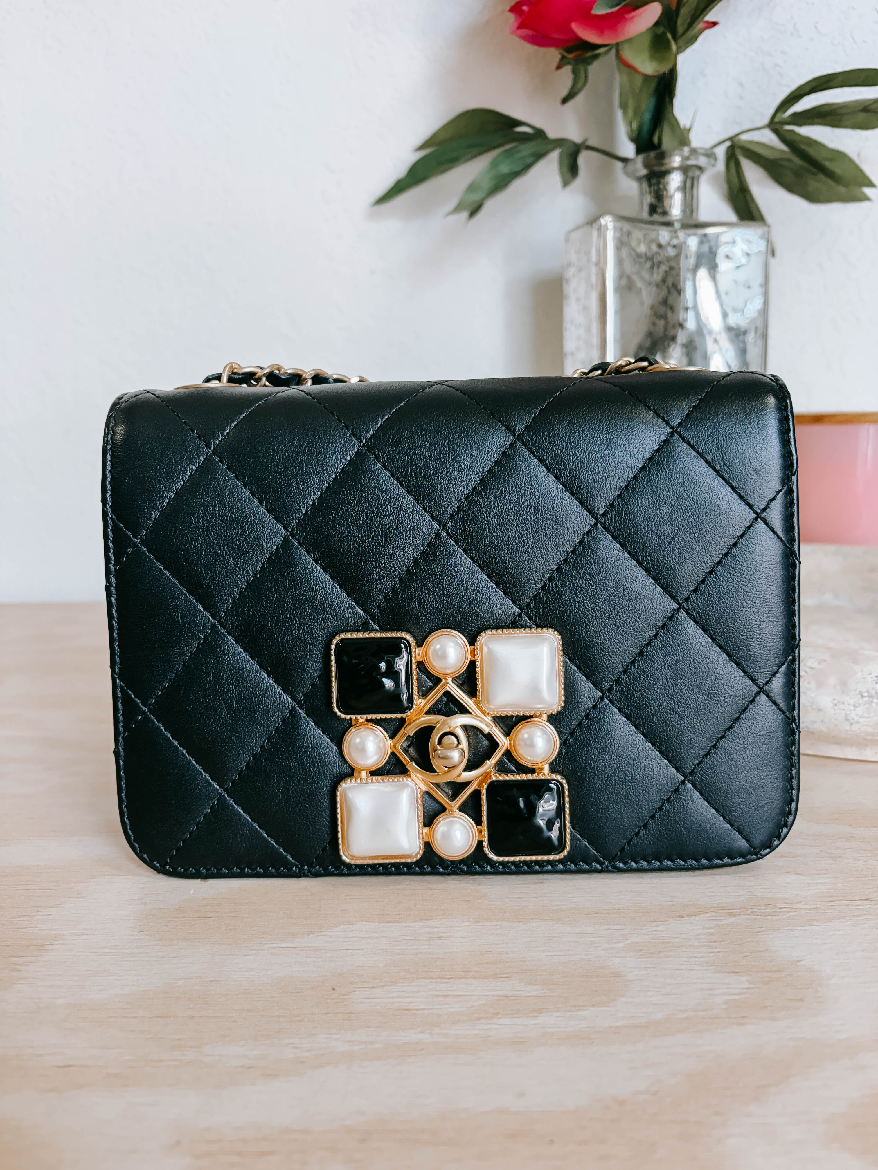 Pre-Owned Chanel Resin and Pearl Full Flap Quilted Lambskin Mini Bag *Final Sale*