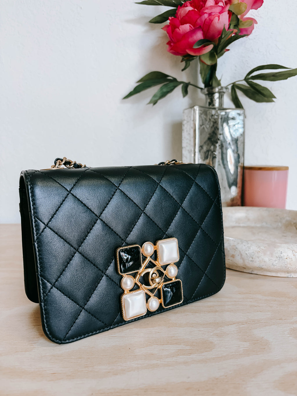 Pre-Owned Chanel Resin and Pearl Full Flap Quilted Lambskin Mini Bag *Final Sale*
