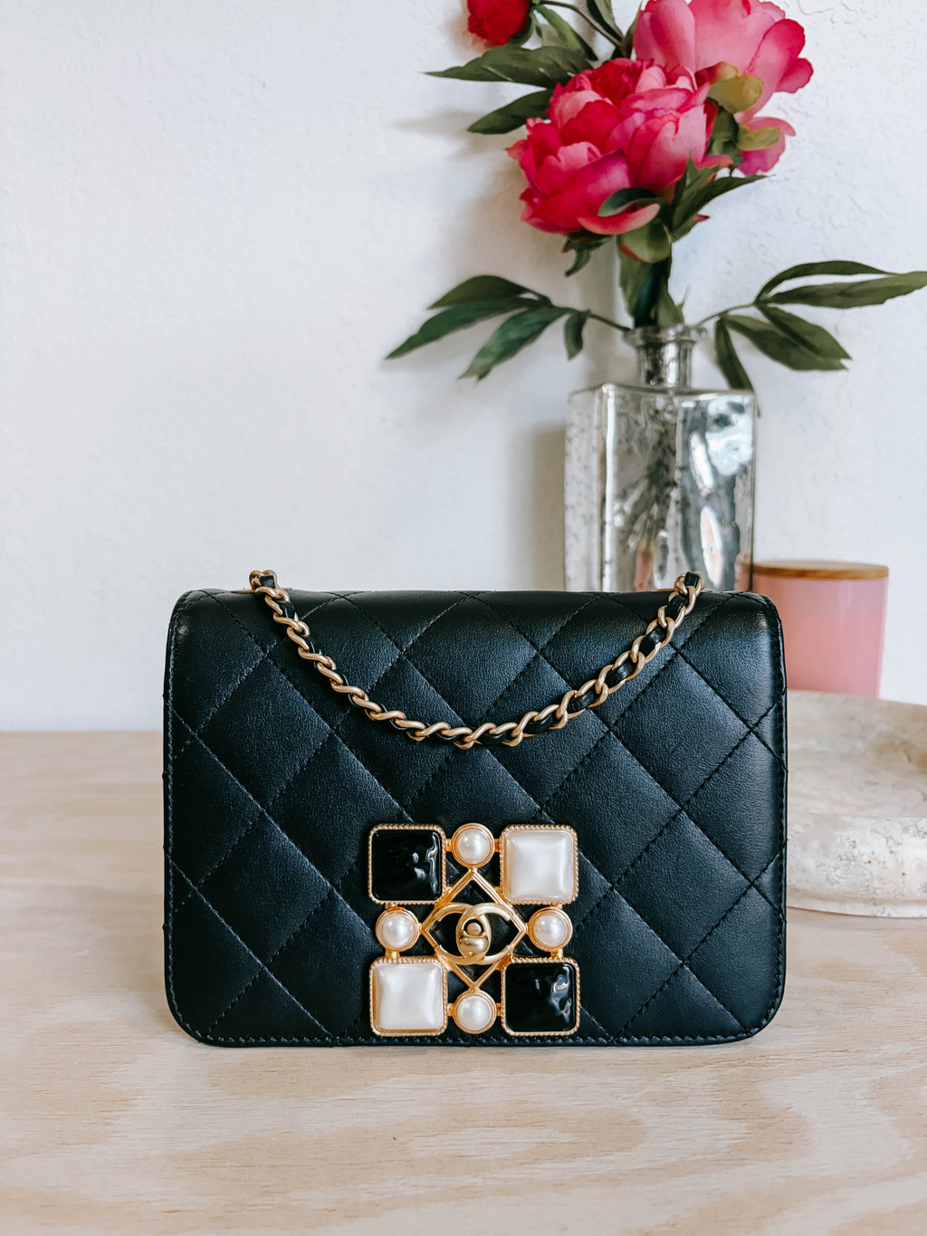 Pre-Owned Chanel Resin and Pearl Full Flap Quilted Lambskin Mini Bag *Final Sale*