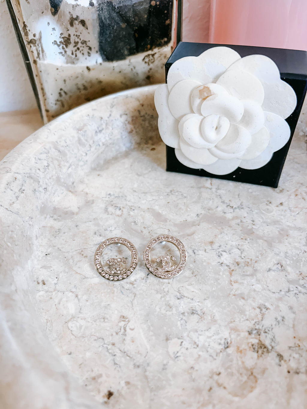 Pre-Owned Chanel Round CC Cut Out Stud Earrings Metal with Light Pink Crystals *Final Sale*