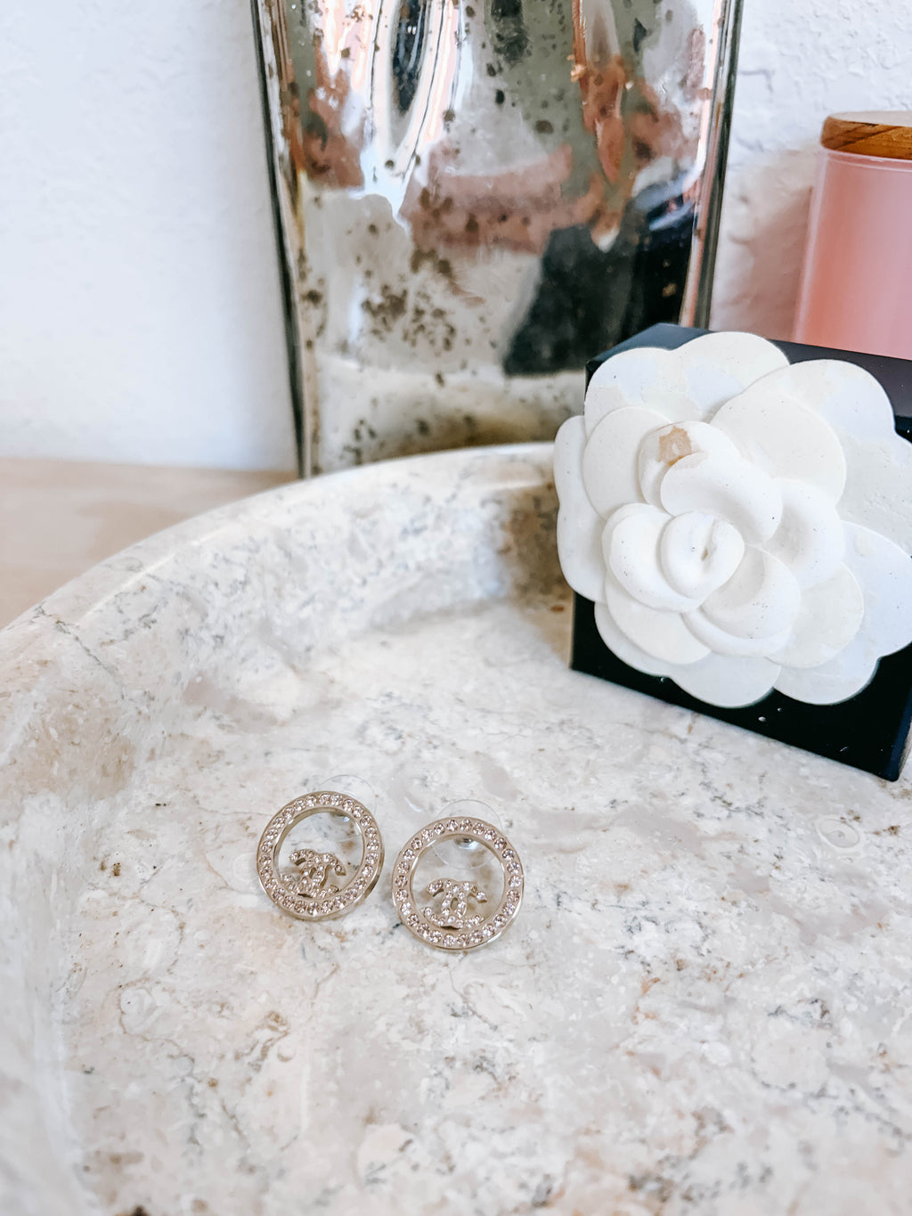 Pre-Owned Chanel Round CC Cut Out Stud Earrings Metal with Light Pink Crystals *Final Sale*