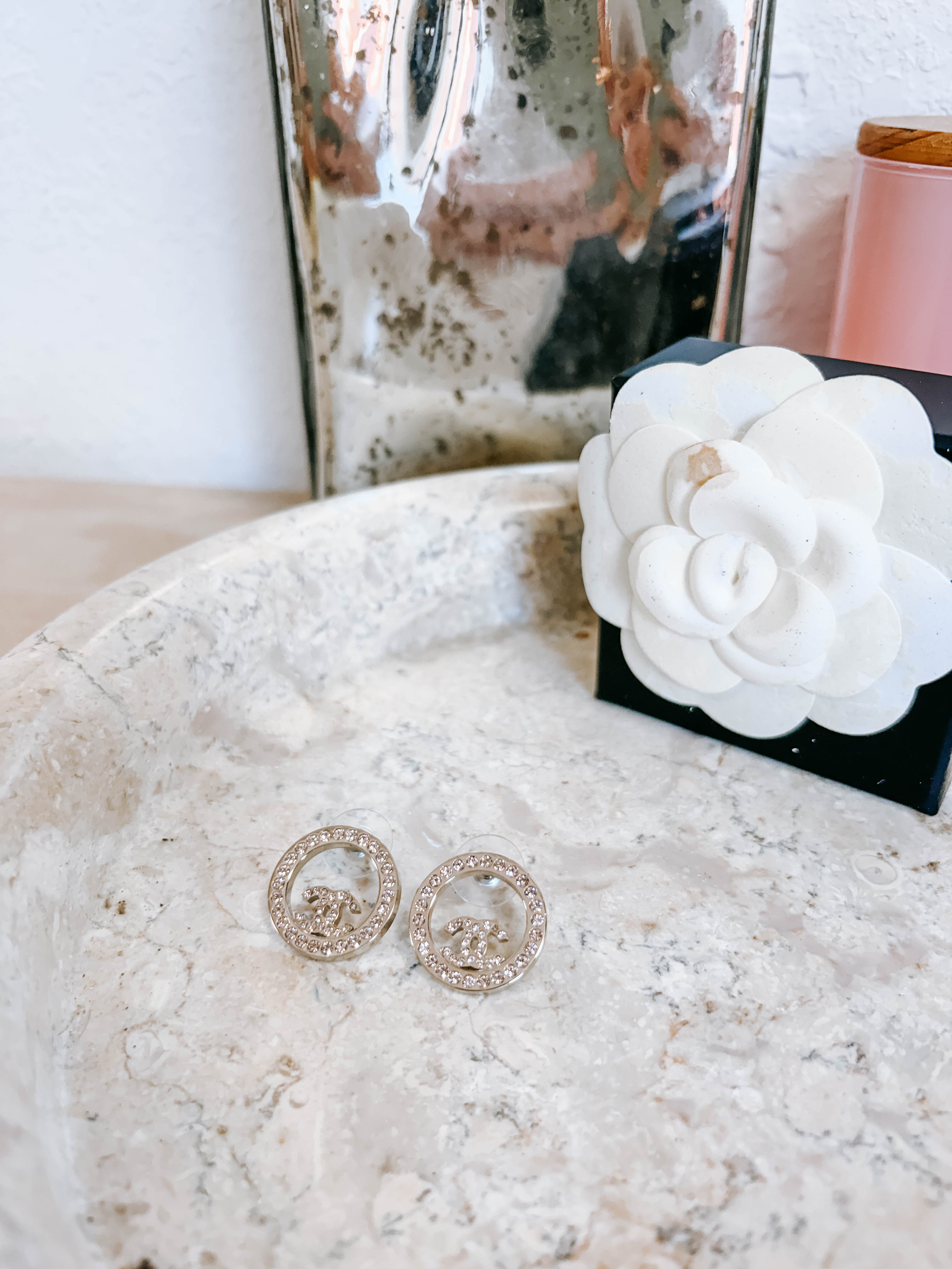 Pre-Owned Chanel Round CC Cut Out Stud Earrings Metal with Light Pink Crystals *Final Sale*