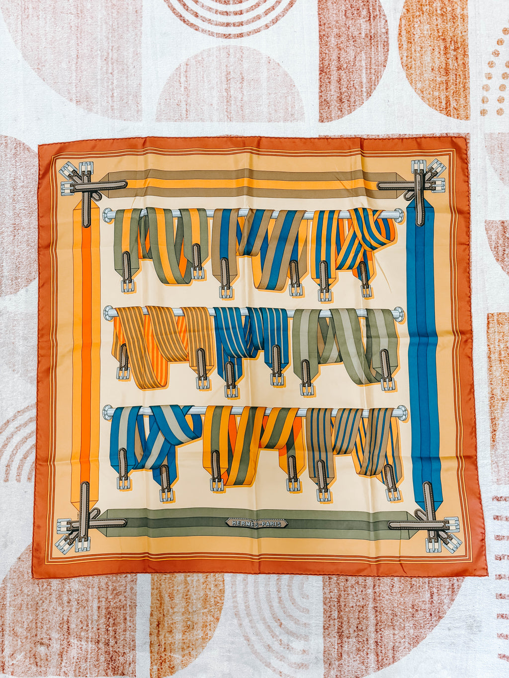 Pre-Owned Hermes Carre 90 Les Sangles Belt Silk Scarf Neutral *Final Sale*