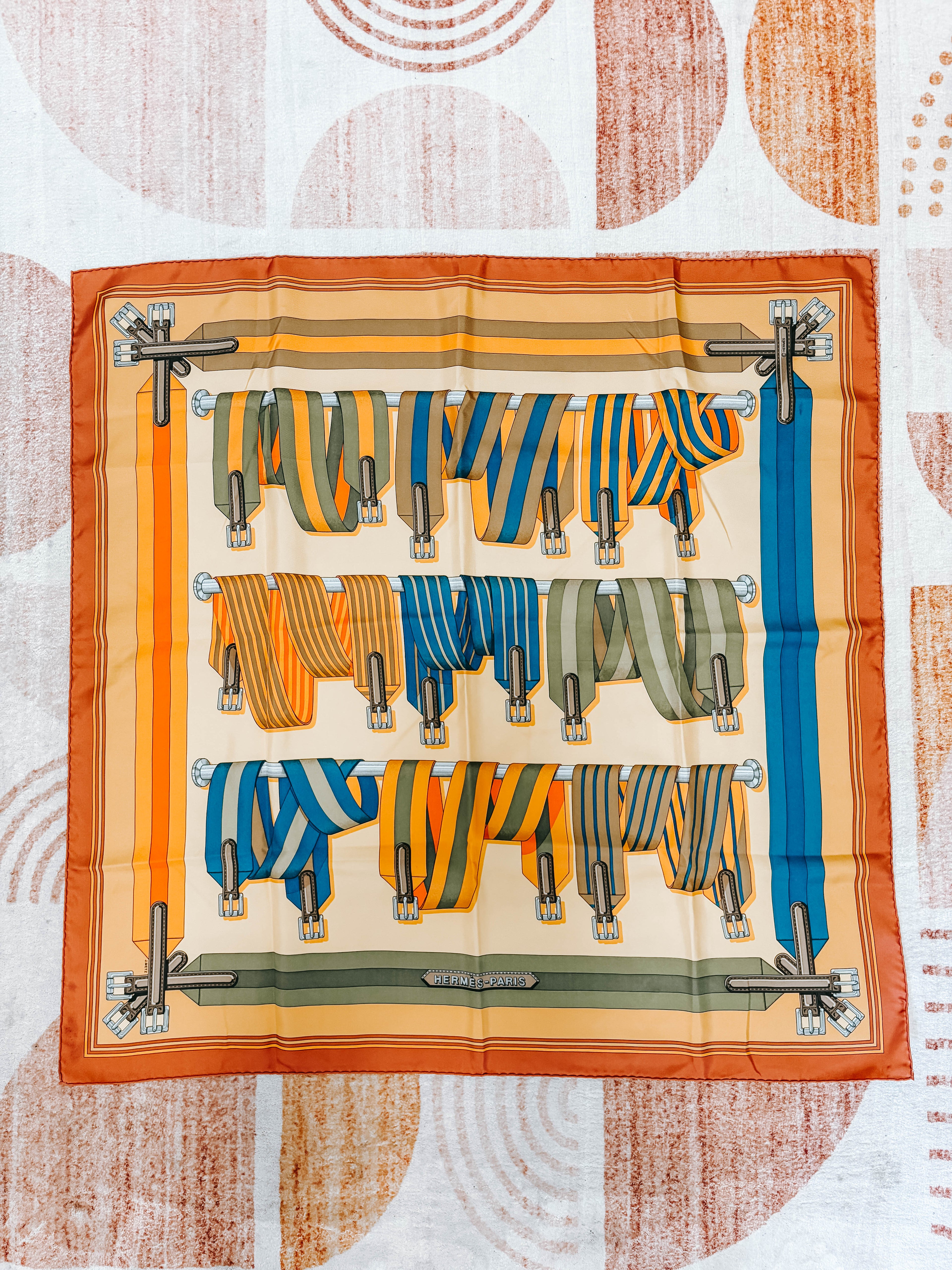 Pre-Owned Hermes Carre 90 Les Sangles Belt Silk Scarf Neutral *Final Sale*