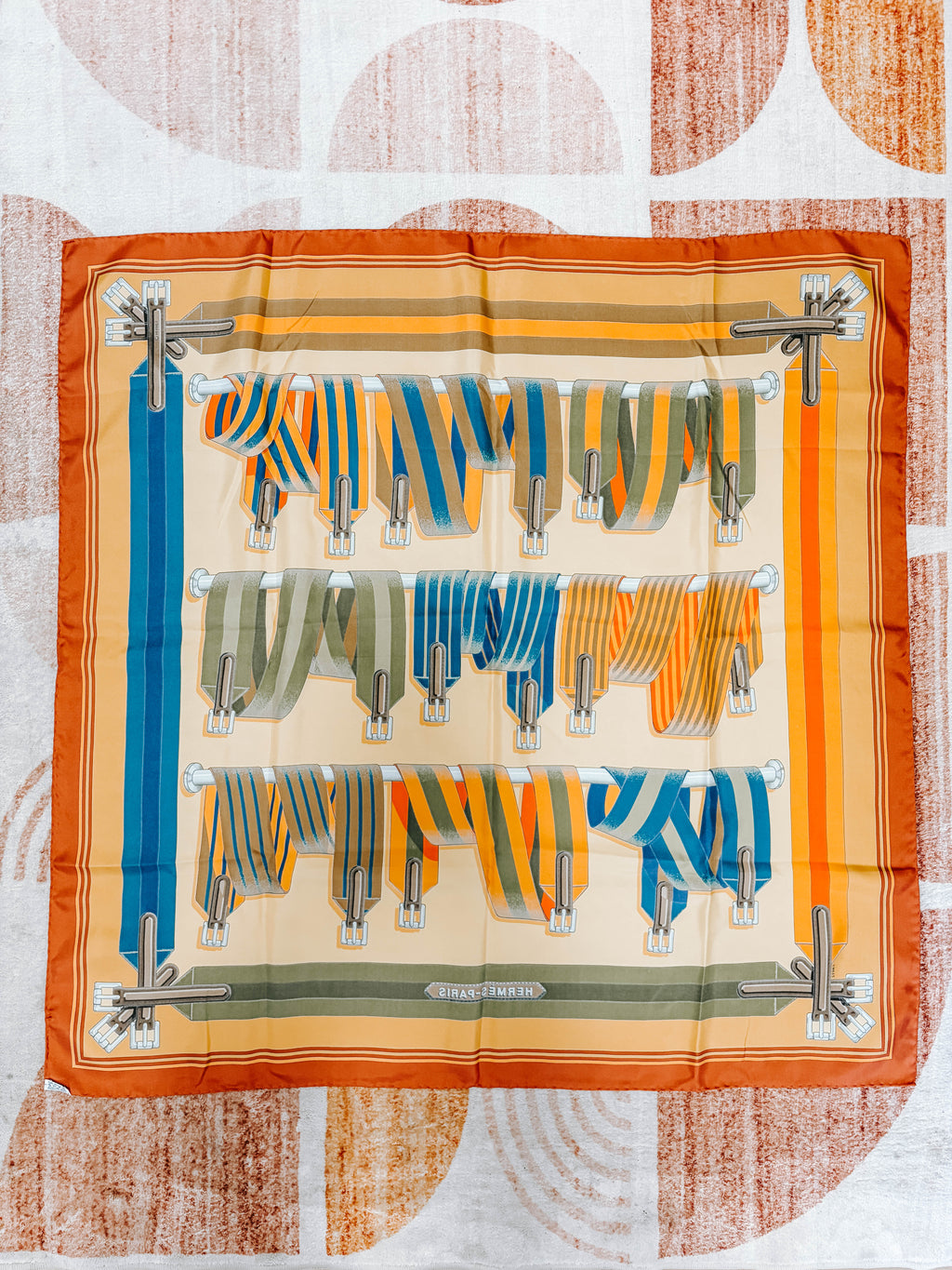 Pre-Owned Hermes Carre 90 Les Sangles Belt Silk Scarf Neutral *Final Sale*