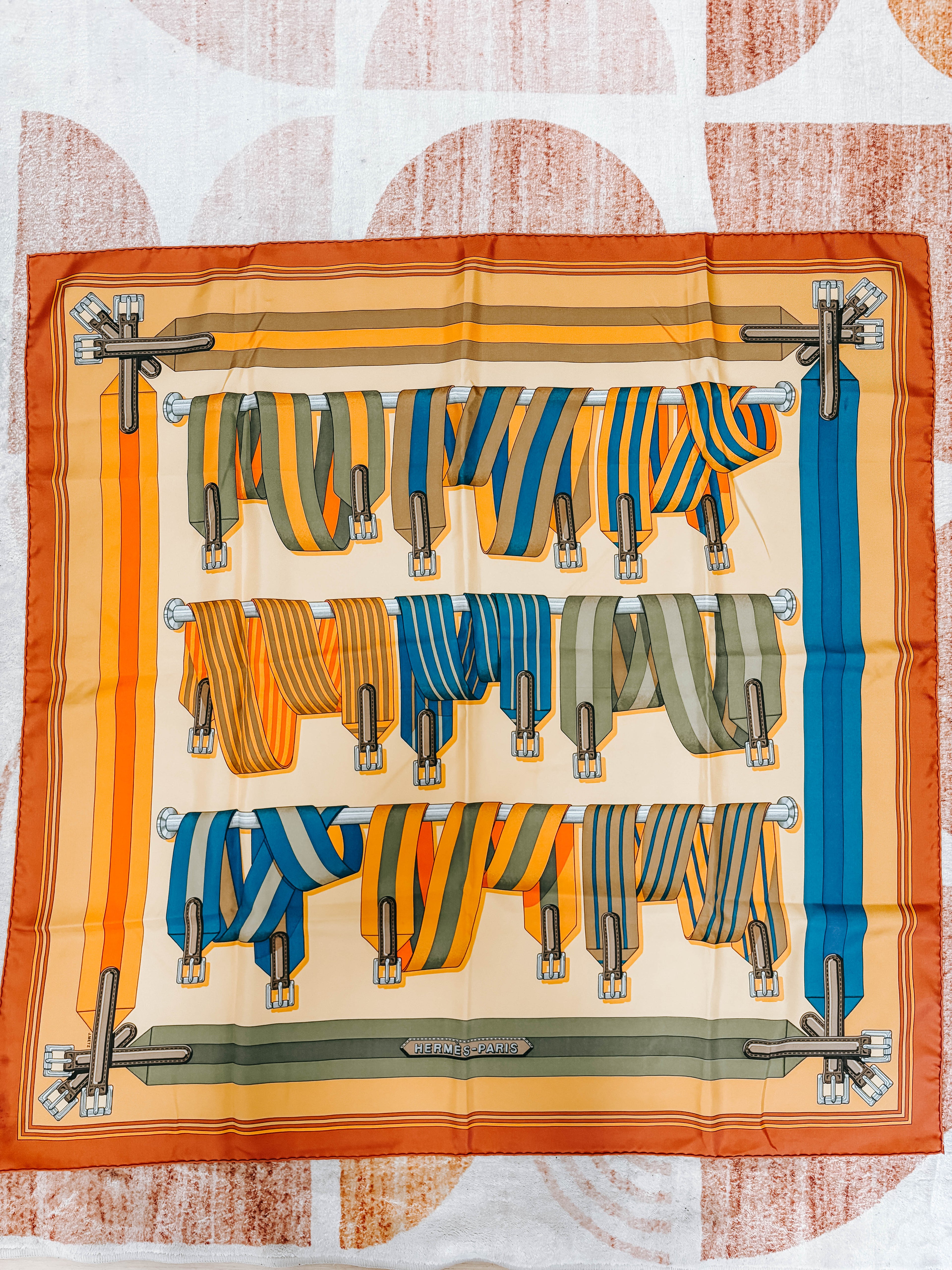 Pre-Owned Hermes Carre 90 Les Sangles Belt Silk Scarf Neutral *Final Sale*
