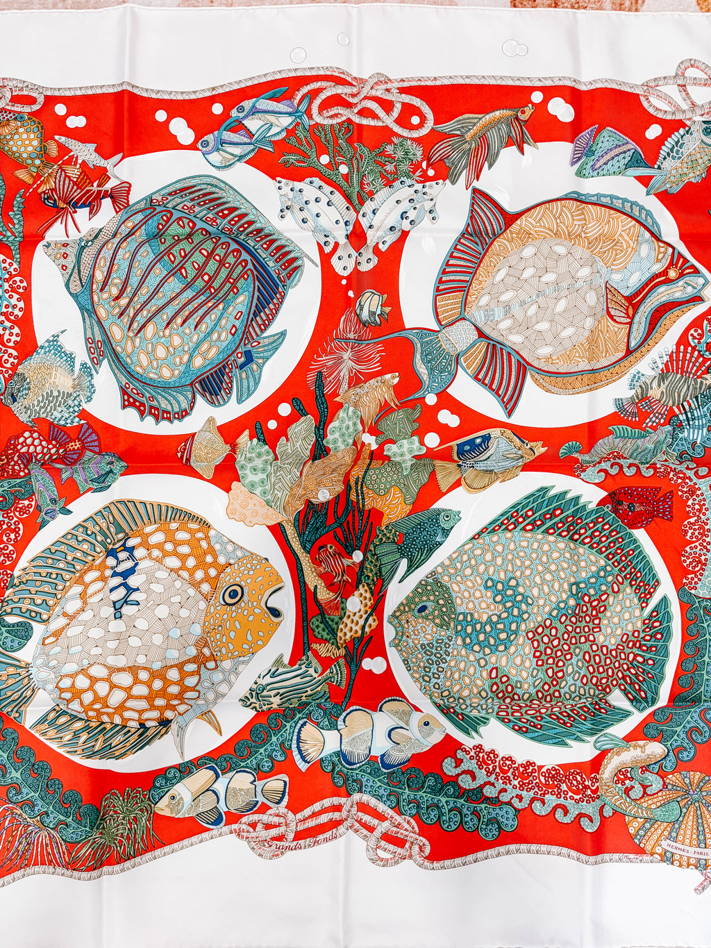 Pre-Owned Hermes Carre 90 Scarf Grands Fonds Deep Sea Fish *Final Sale*
