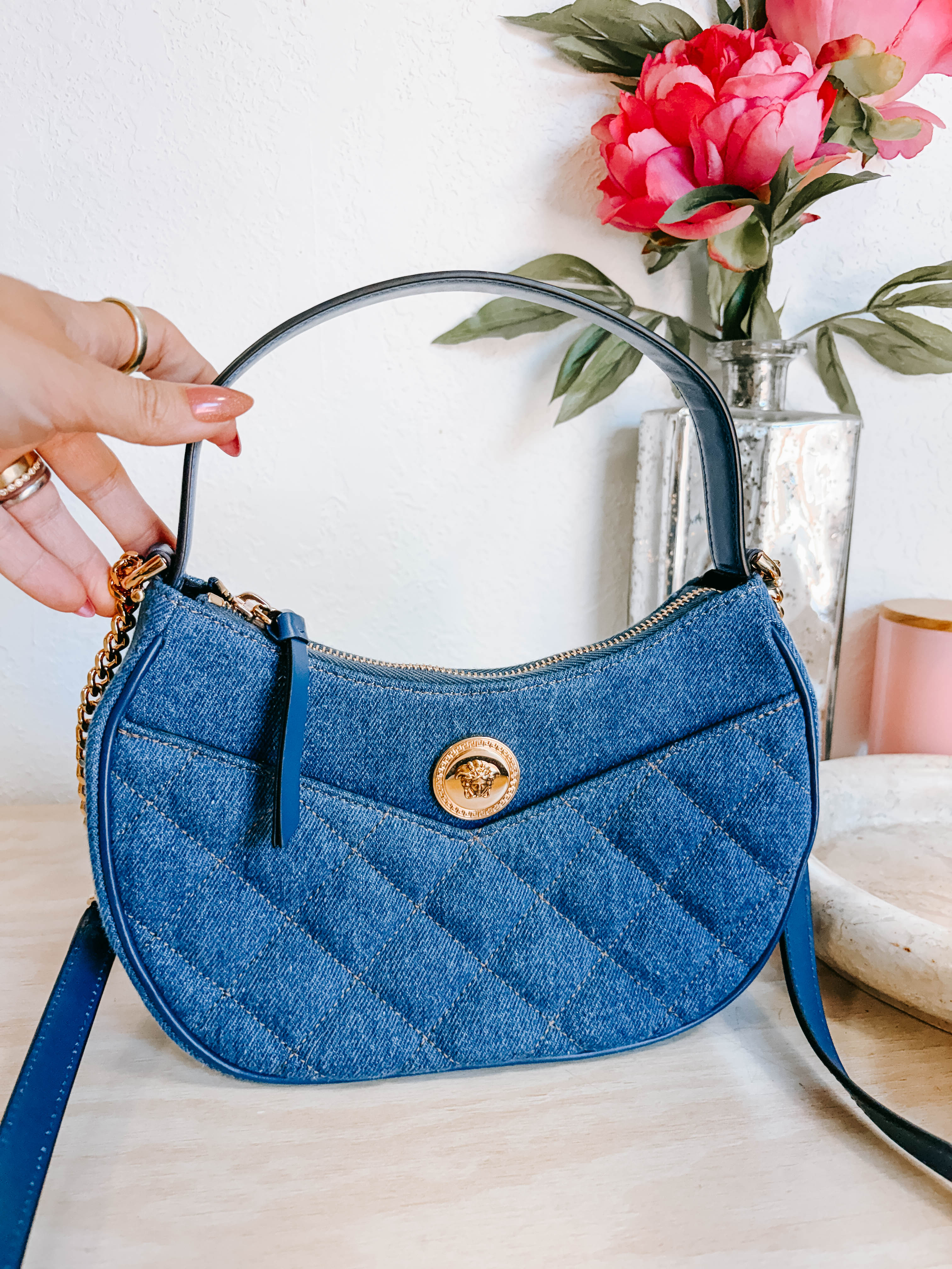 Pre-Owned Versace Denim Half Moon Bag