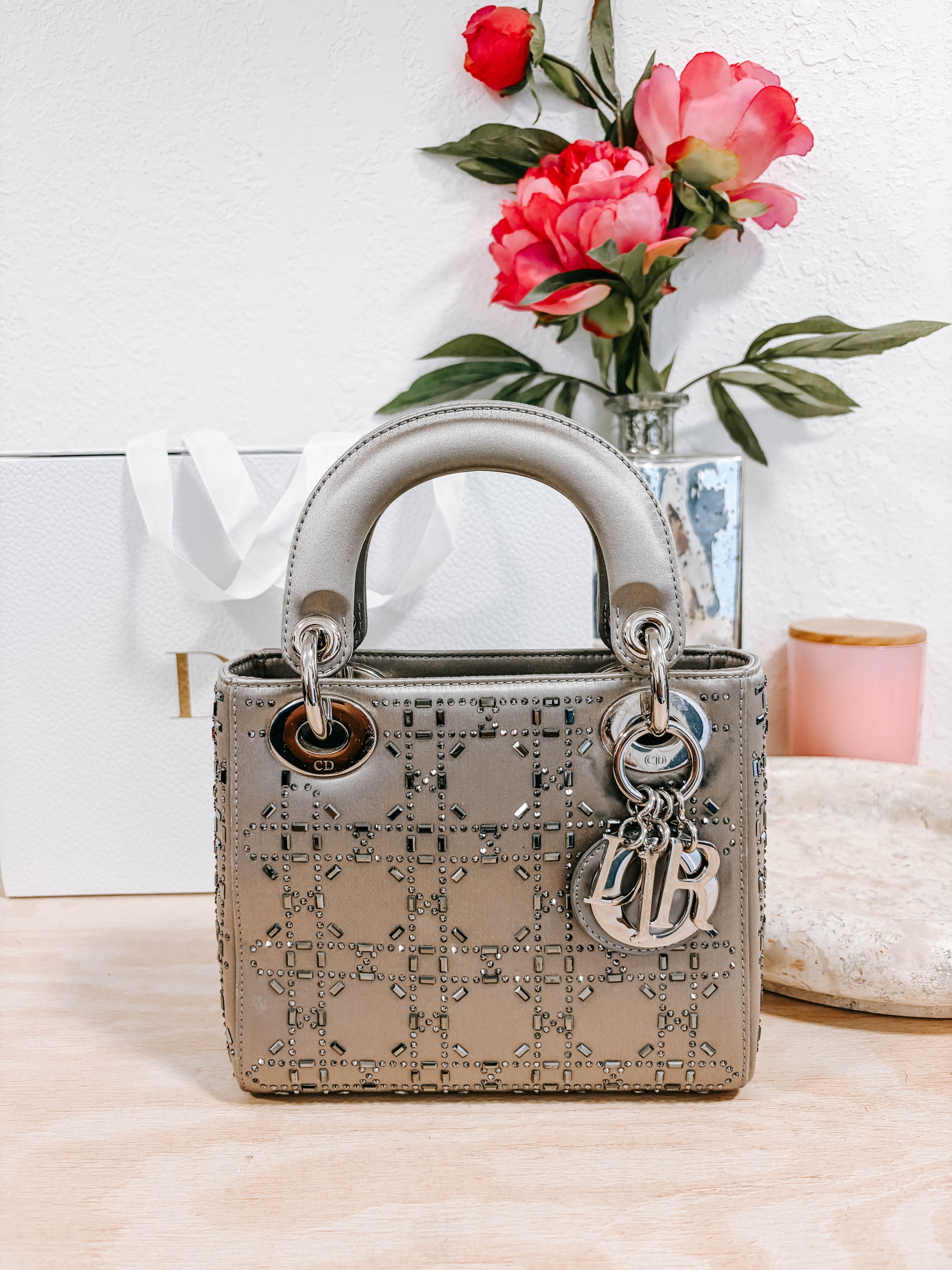 Pre-Owned Christian Dior Lady Dior Bag Crystal Embellished Cannage Quilt Satin Mini