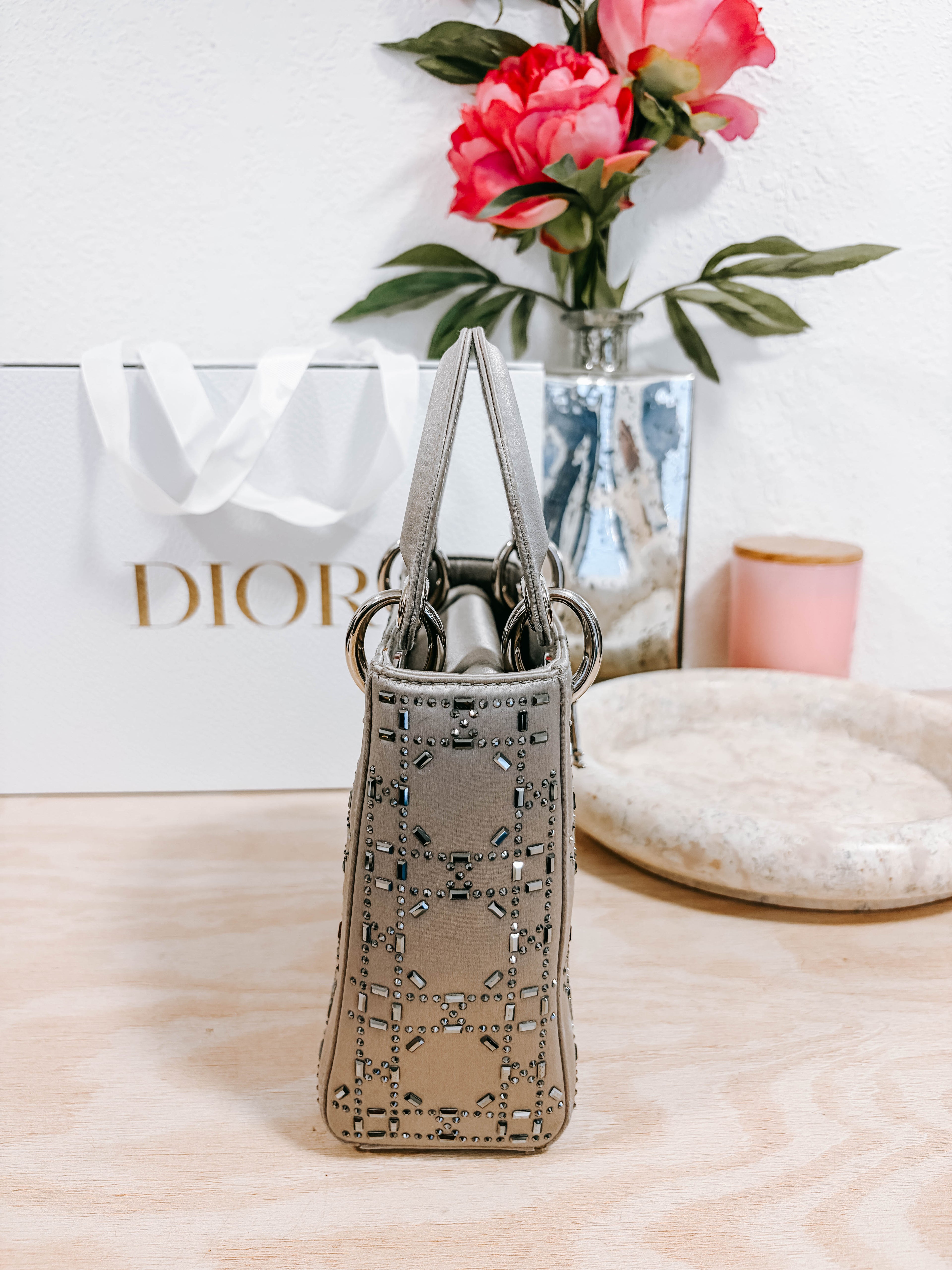 Pre-Owned Christian Dior Lady Dior Bag Crystal Embellished Cannage Quilt Satin Mini