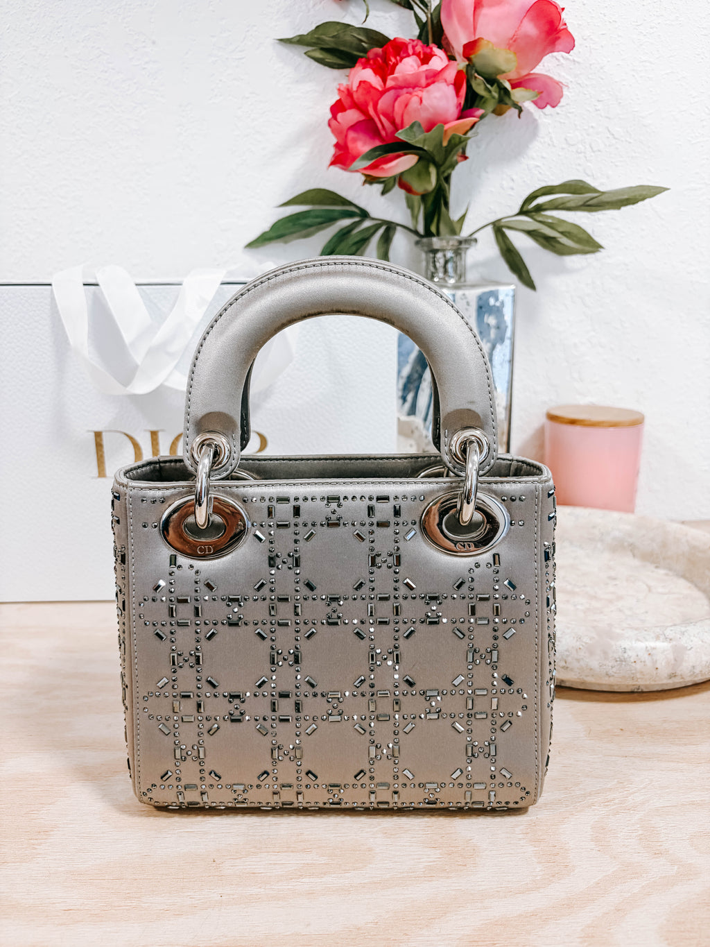 Pre-Owned Christian Dior Lady Dior Bag Crystal Embellished Cannage Quilt Satin Mini