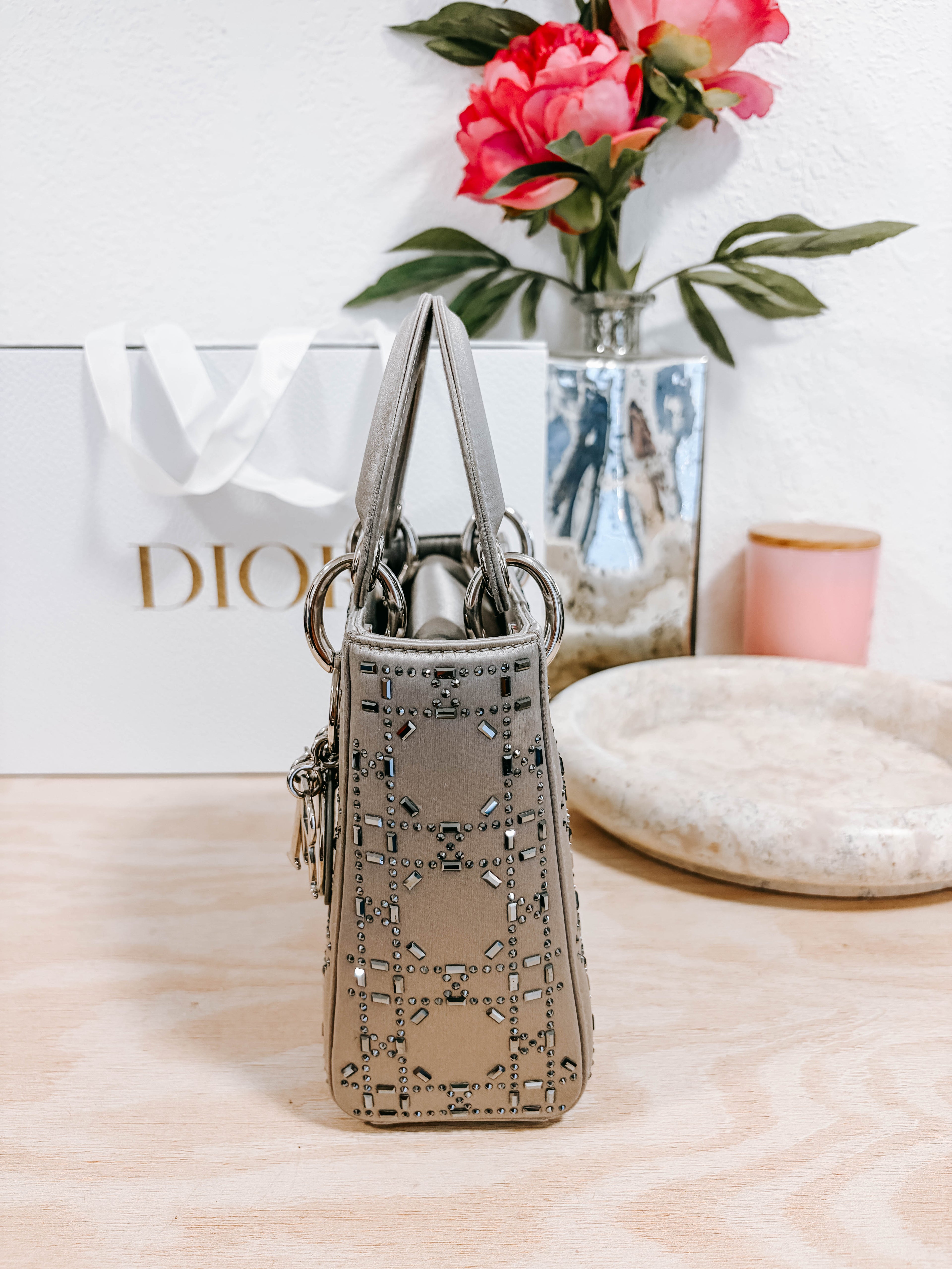 Pre-Owned Christian Dior Lady Dior Bag Crystal Embellished Cannage Quilt Satin Mini