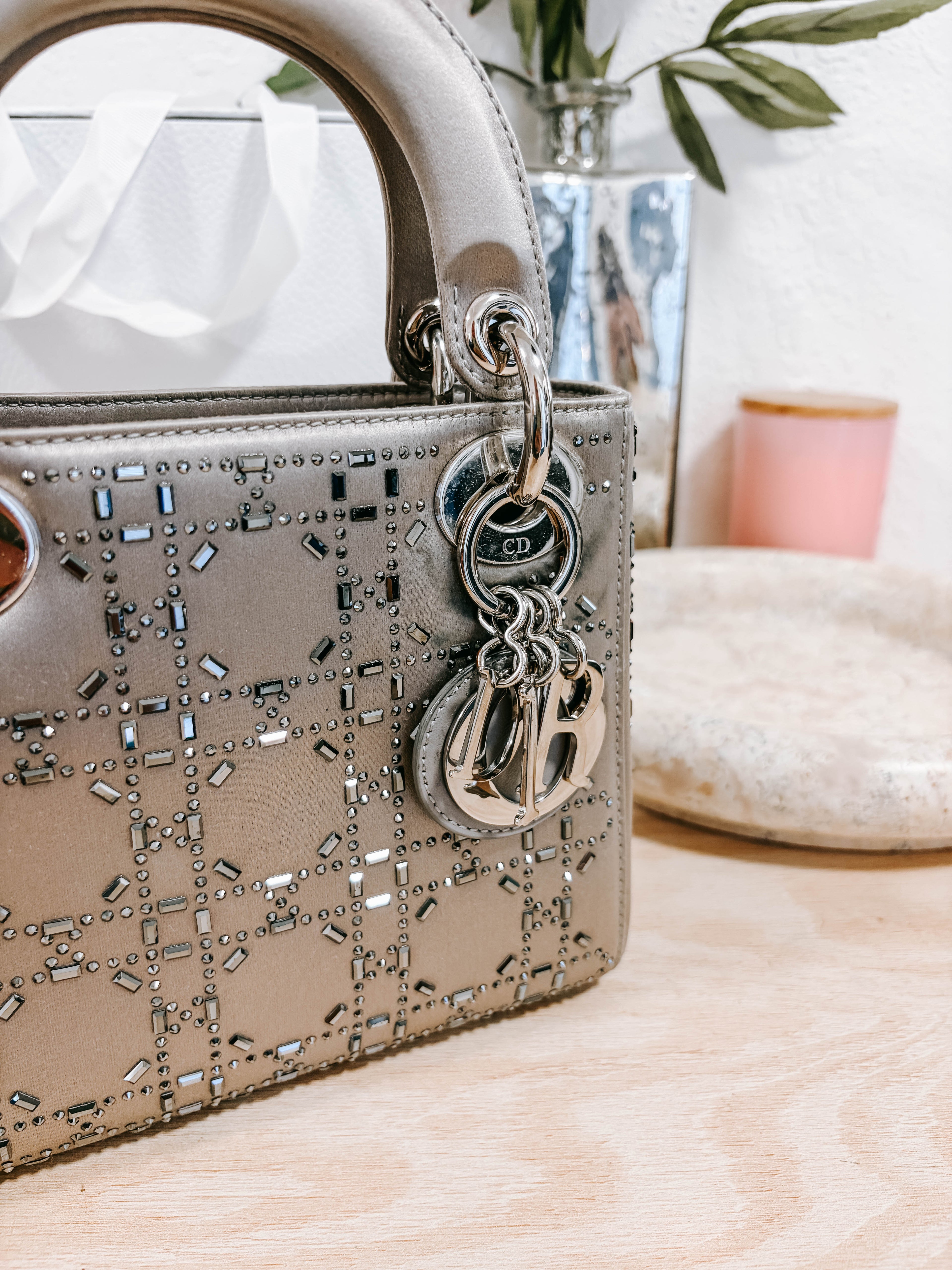 Pre-Owned Christian Dior Lady Dior Bag Crystal Embellished Cannage Quilt Satin Mini