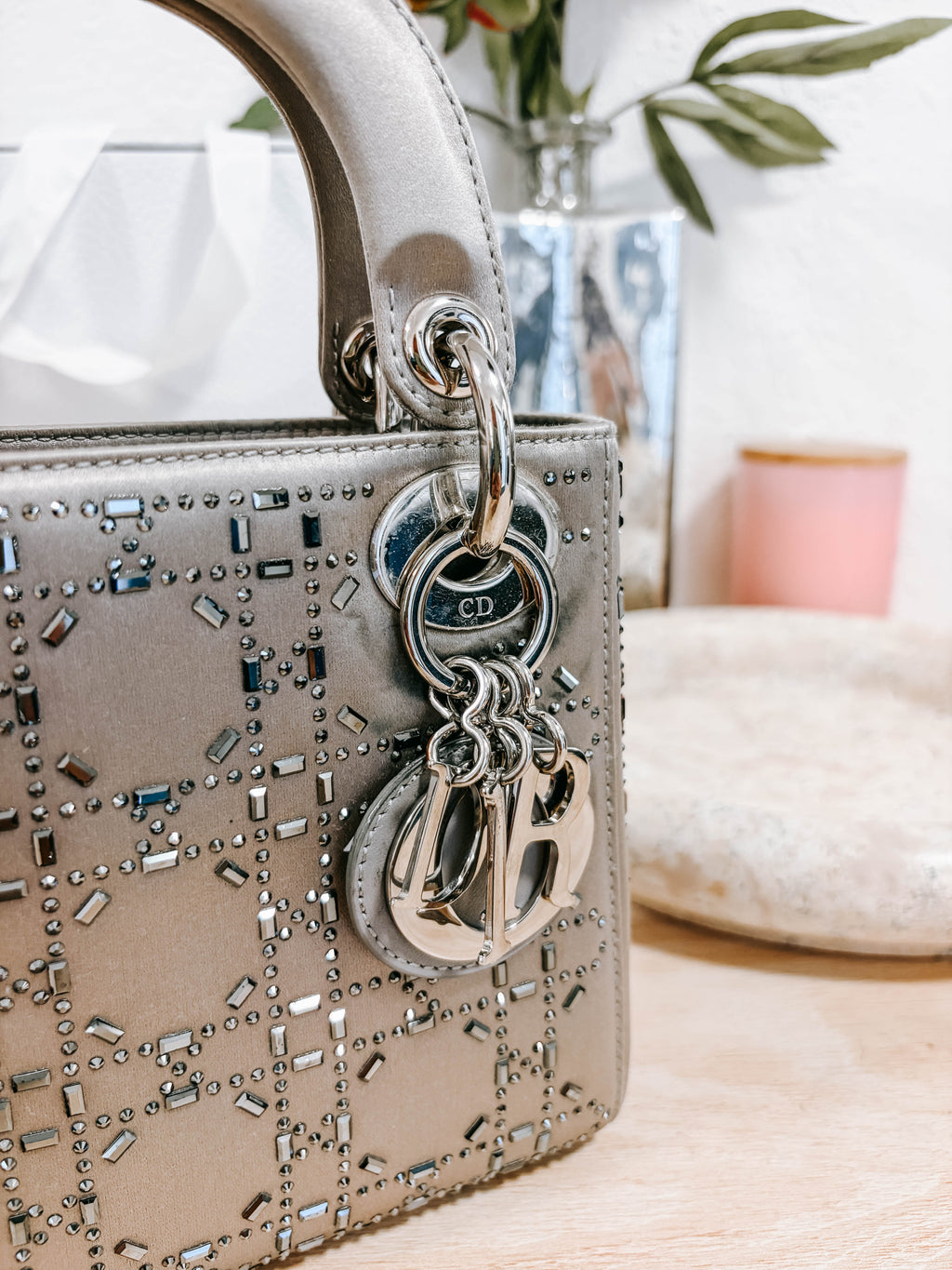 Pre-Owned Christian Dior Lady Dior Bag Crystal Embellished Cannage Quilt Satin Mini