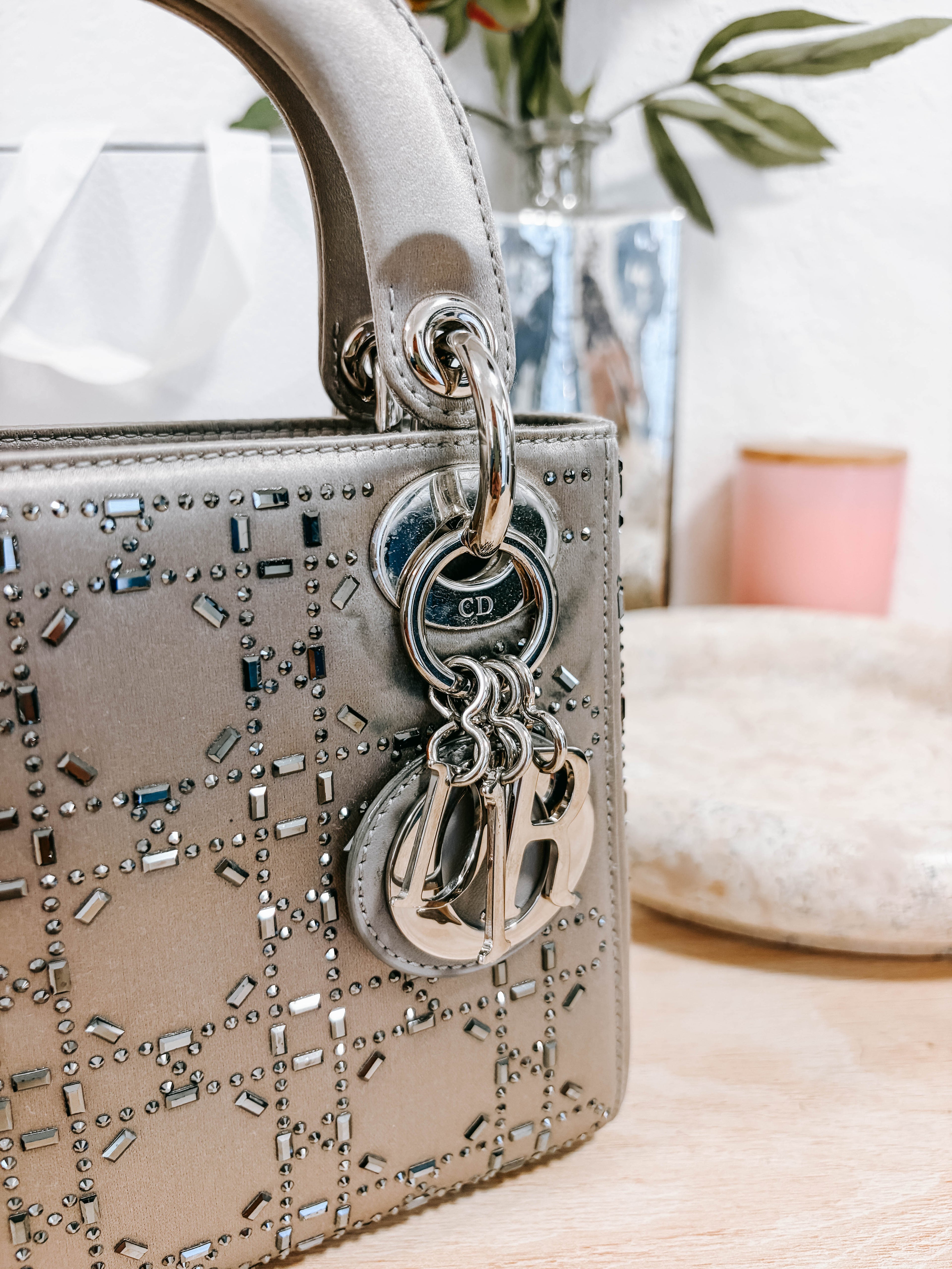 Pre-Owned Christian Dior Lady Dior Bag Crystal Embellished Cannage Quilt Satin Mini