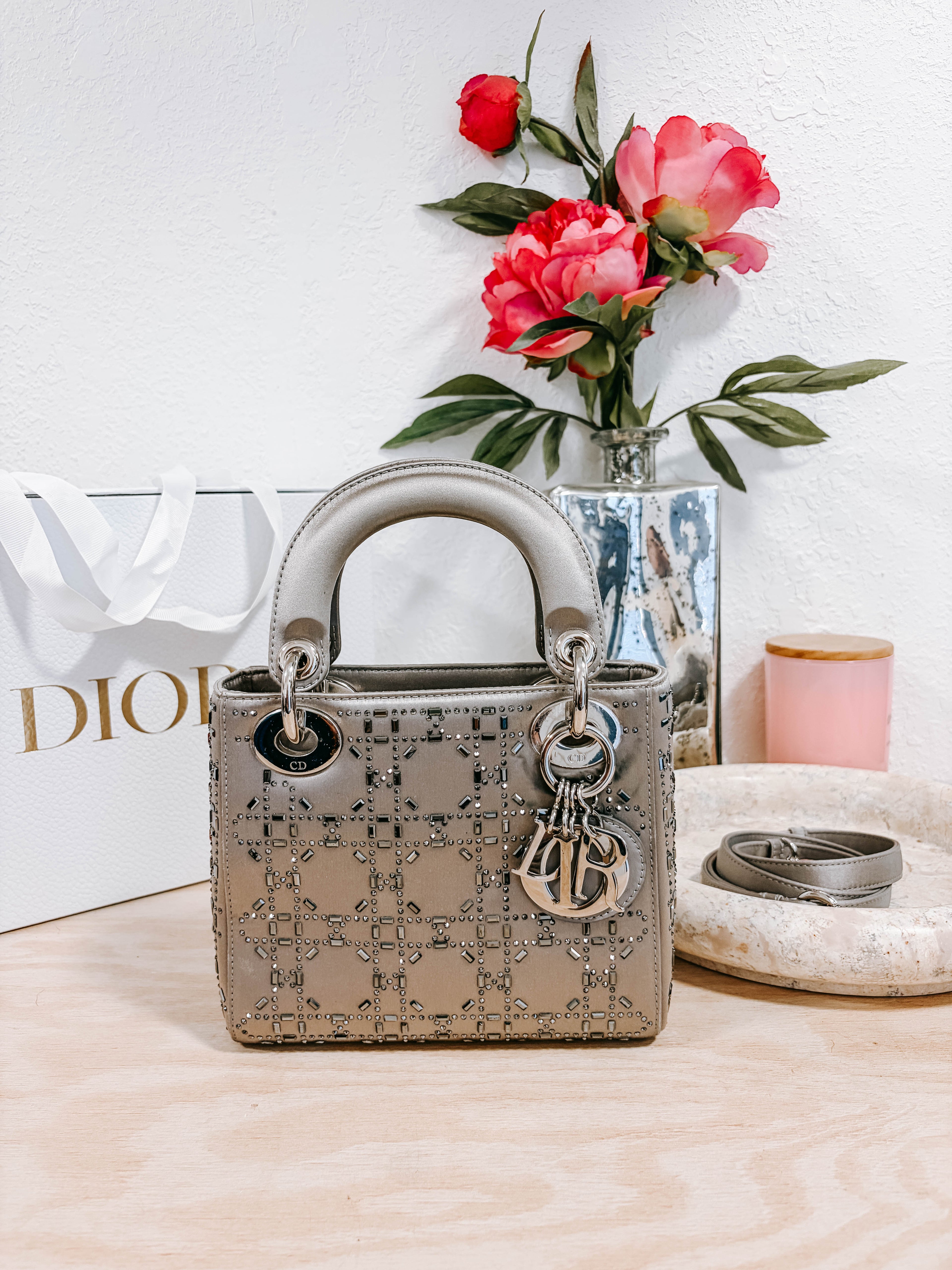 Pre-Owned Christian Dior Lady Dior Bag Crystal Embellished Cannage Quilt Satin Mini