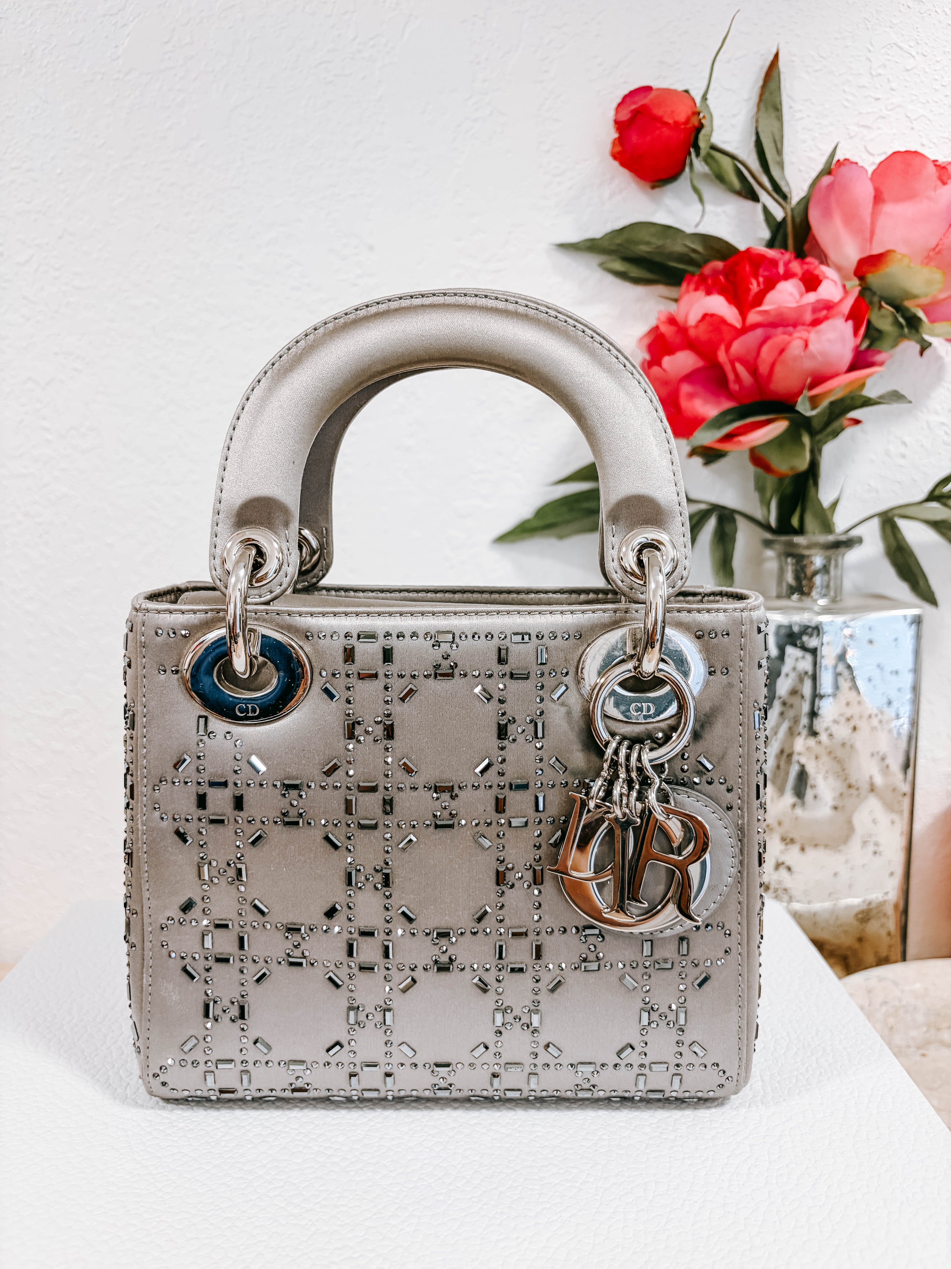 Pre-Owned Christian Dior Lady Dior Bag Crystal Embellished Cannage Quilt Satin Mini