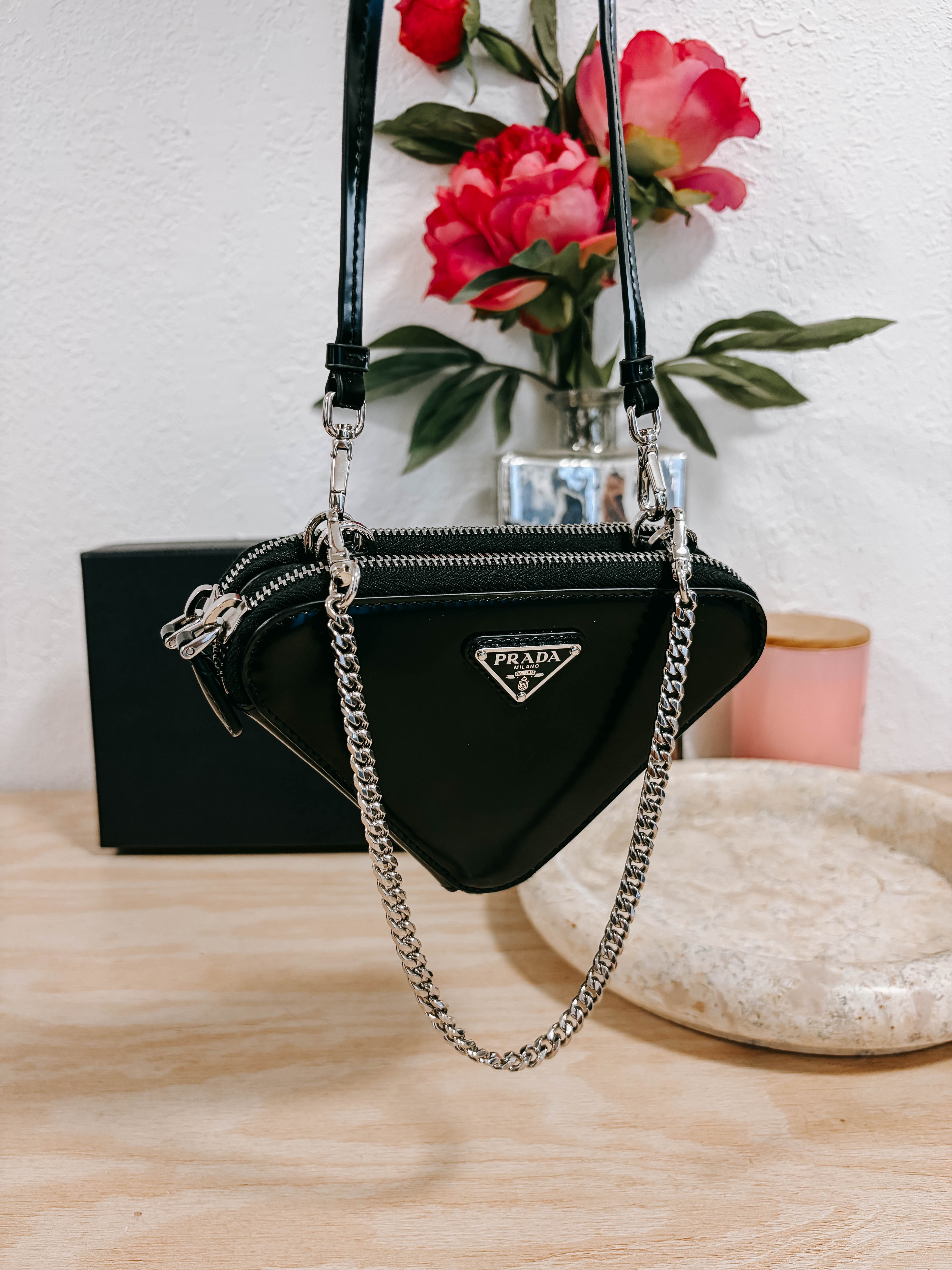 Pre-Owned Prada Black Triangle Double Zip Pouch Crossbody Bag