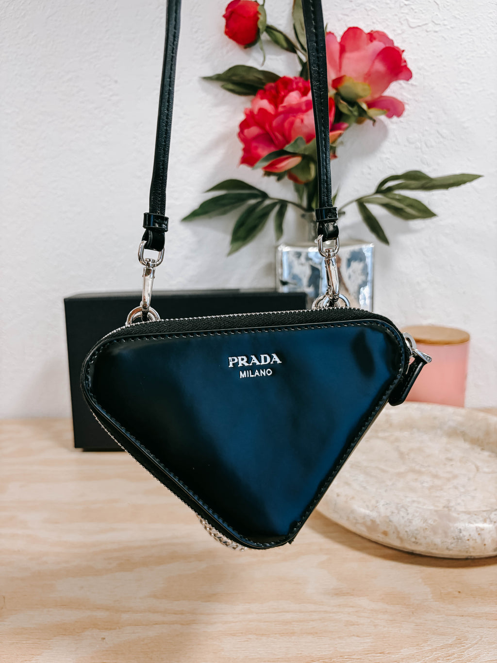 Pre-Owned Prada Black Triangle Double Zip Pouch Crossbody Bag