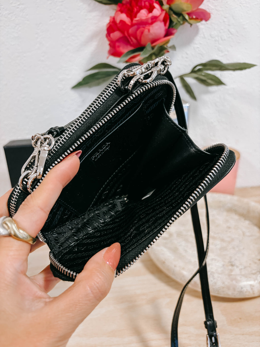 Pre-Owned Prada Black Triangle Double Zip Pouch Crossbody Bag