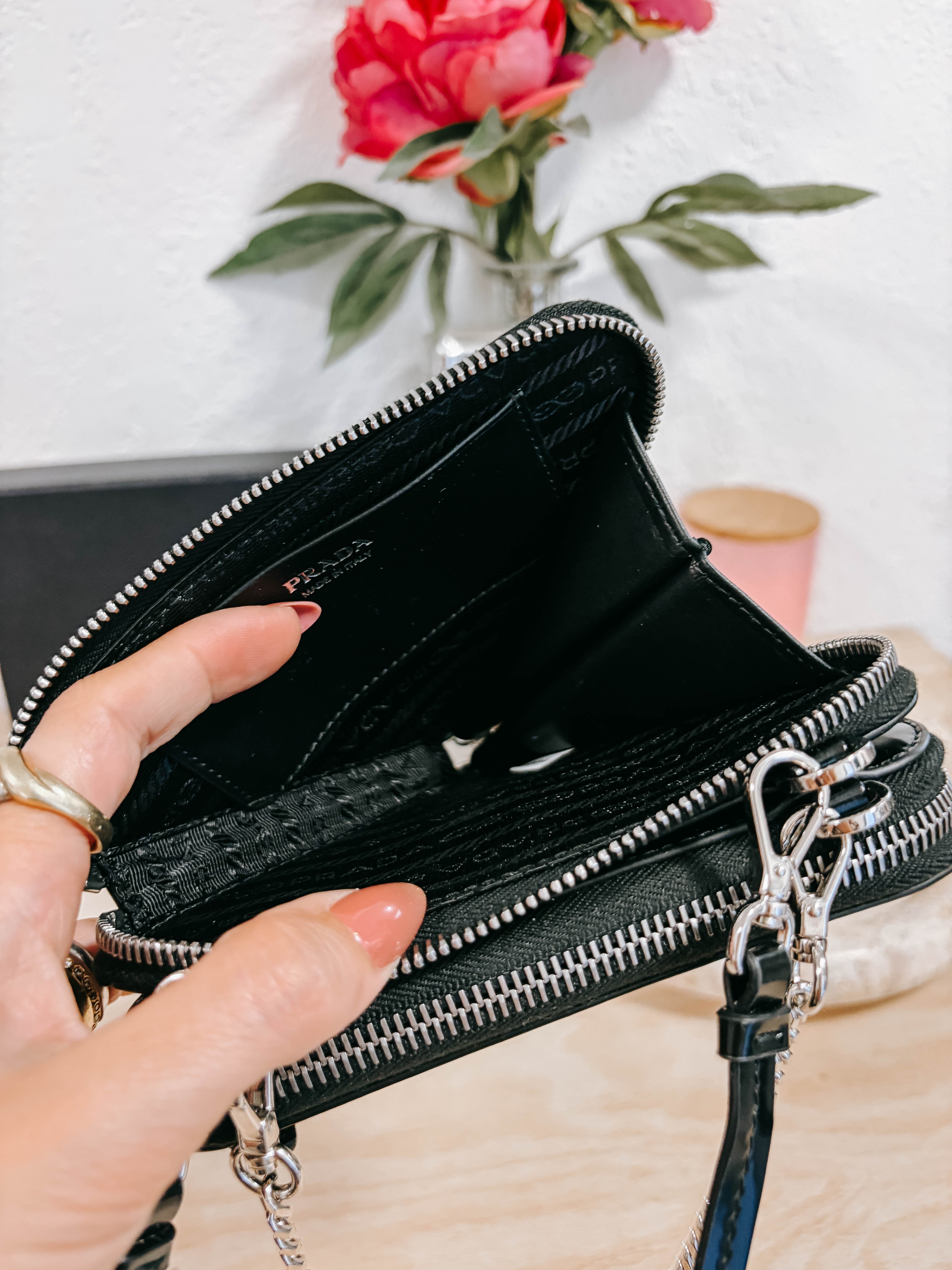 Pre-Owned Prada Black Triangle Double Zip Pouch Crossbody Bag