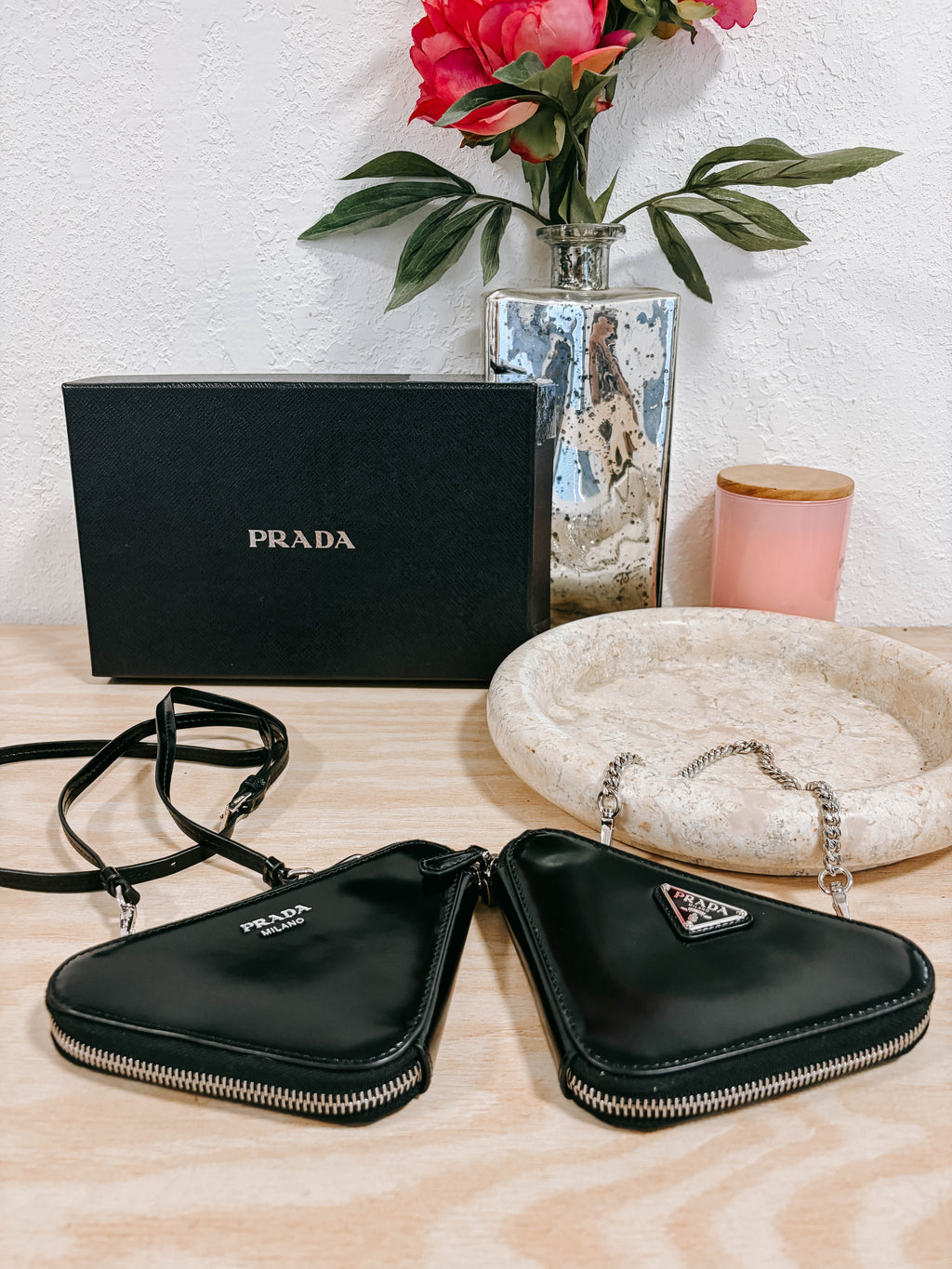 Pre-Owned Prada Black Triangle Double Zip Pouch Crossbody Bag