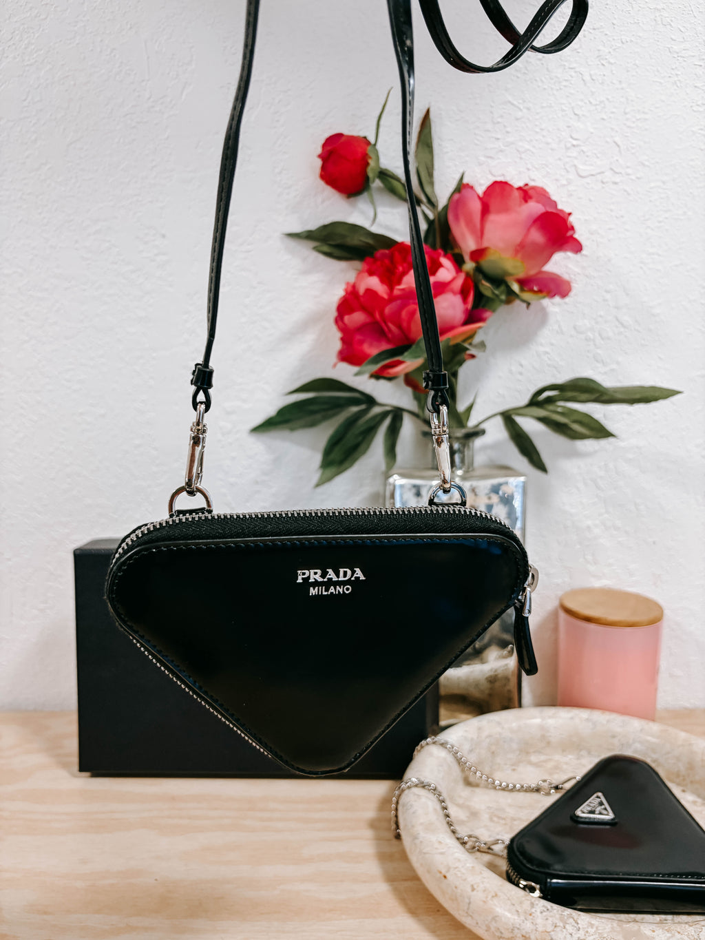 Pre-Owned Prada Black Triangle Double Zip Pouch Crossbody Bag