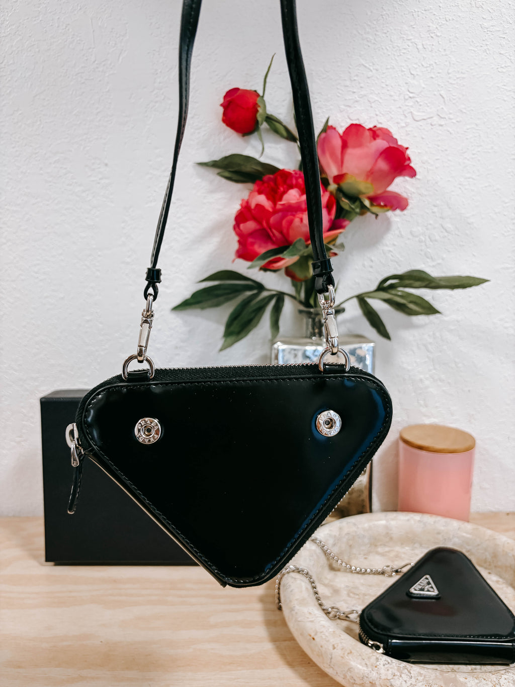 Pre-Owned Prada Black Triangle Double Zip Pouch Crossbody Bag