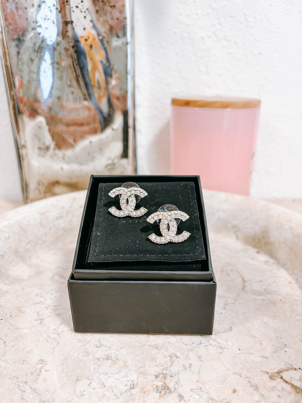 Pre-Owned Chanel Coco Mark Champagne Gold Plated Rhinestone Earrings