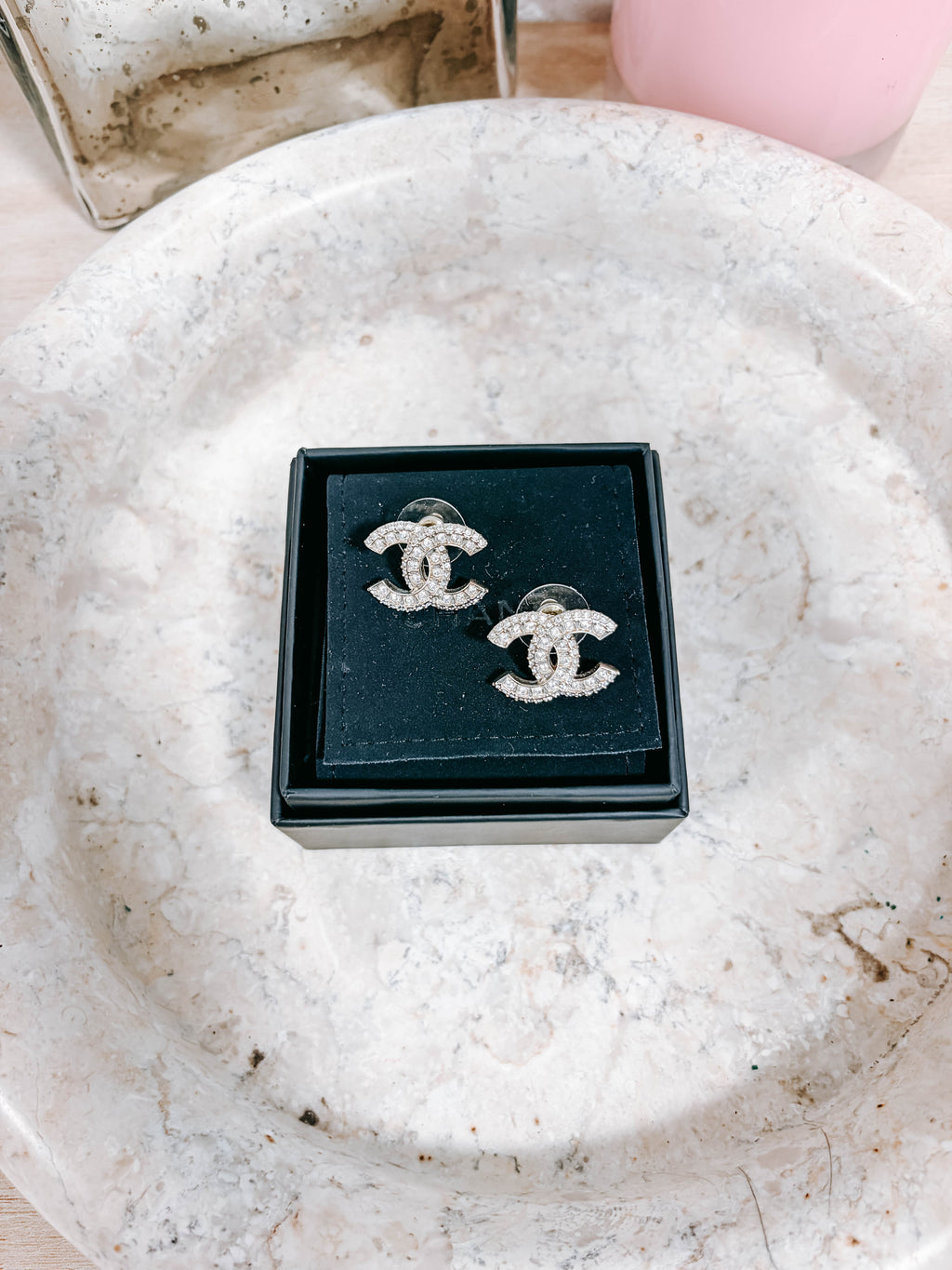 Pre-Owned Chanel Coco Mark Champagne Gold Plated Rhinestone Earrings