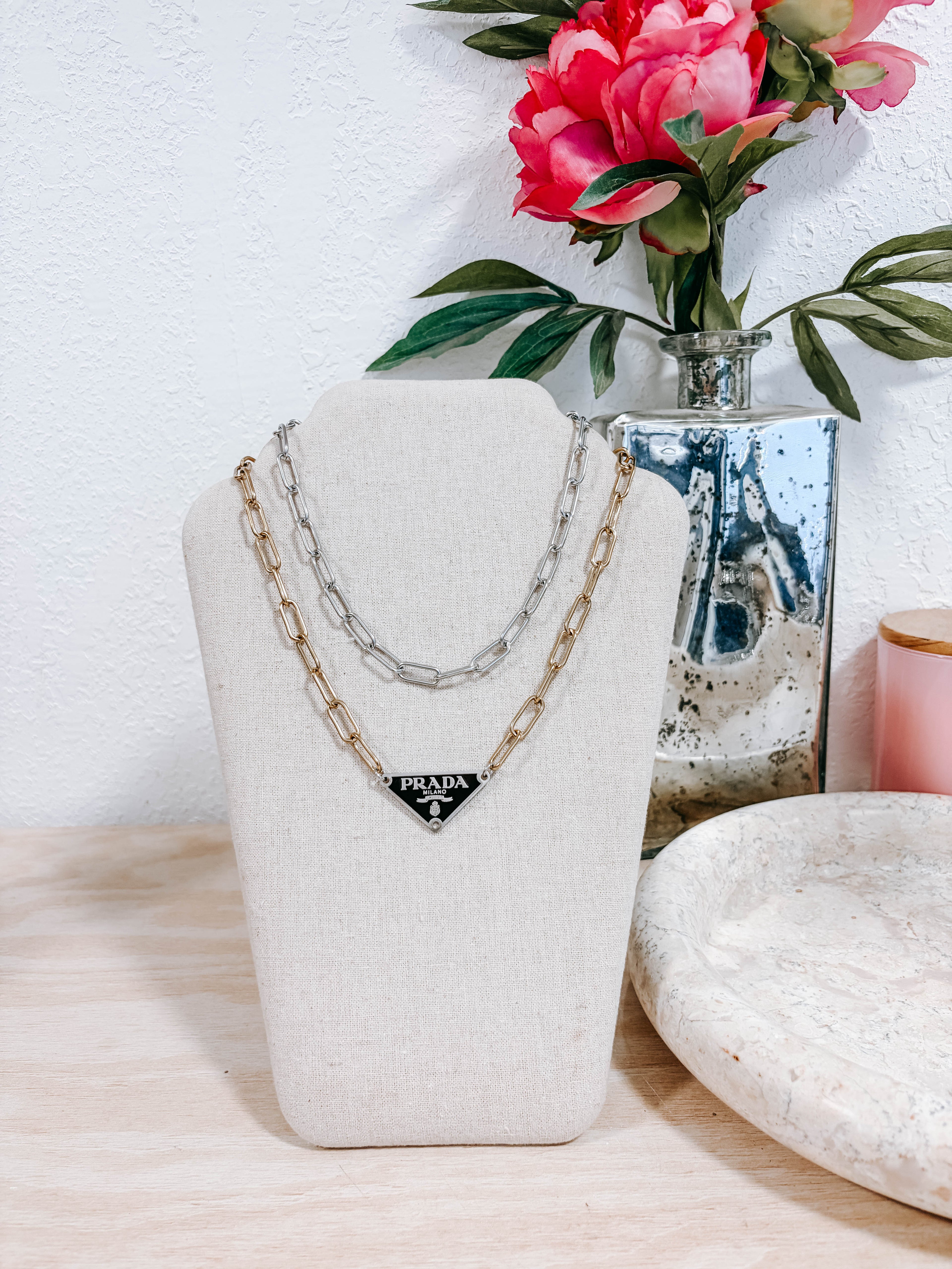 Upcycled Prada Triangle Mixed Metal Necklace