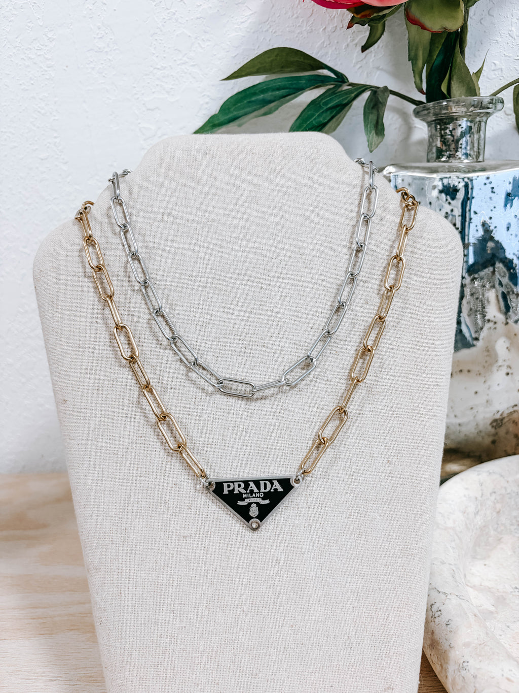 Upcycled Prada Triangle Mixed Metal Necklace