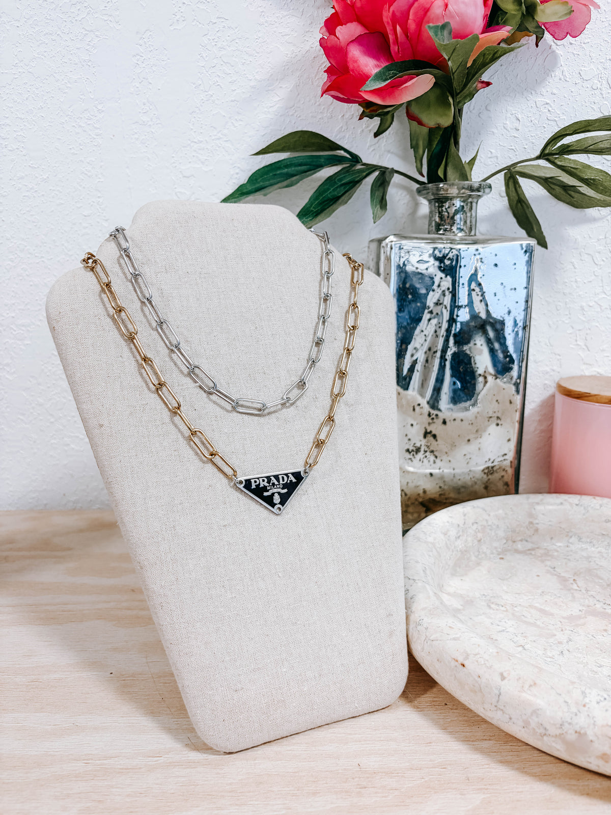 Upcycled Prada Triangle Mixed Metal Necklace