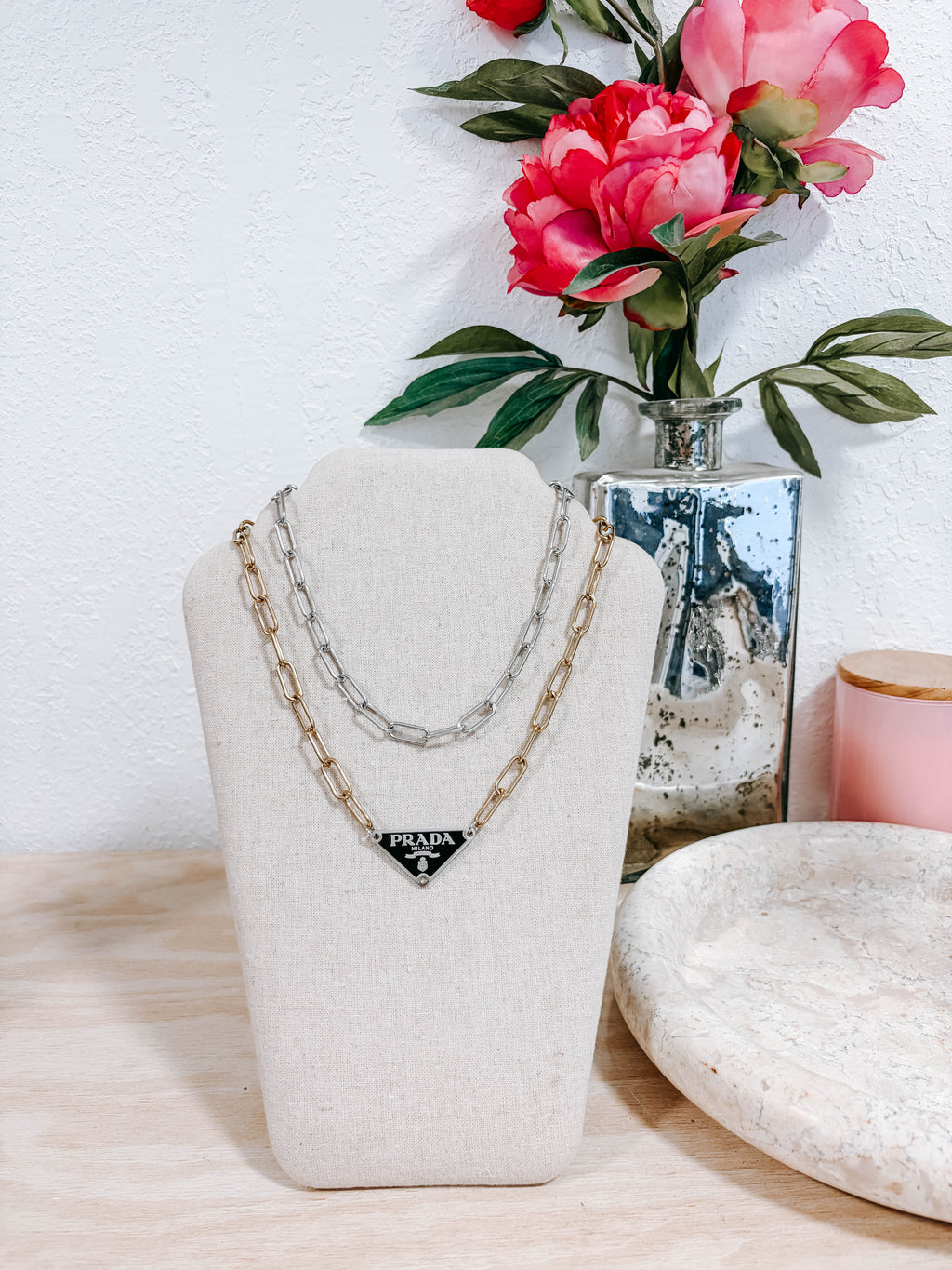 Upcycled Prada Triangle Mixed Metal Necklace