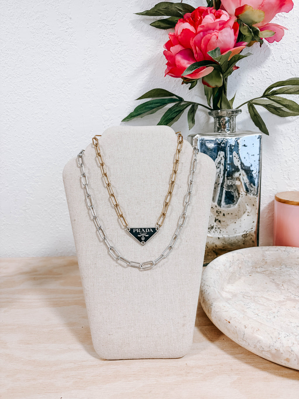 Upcycled Prada Triangle Mixed Metal Necklace 2