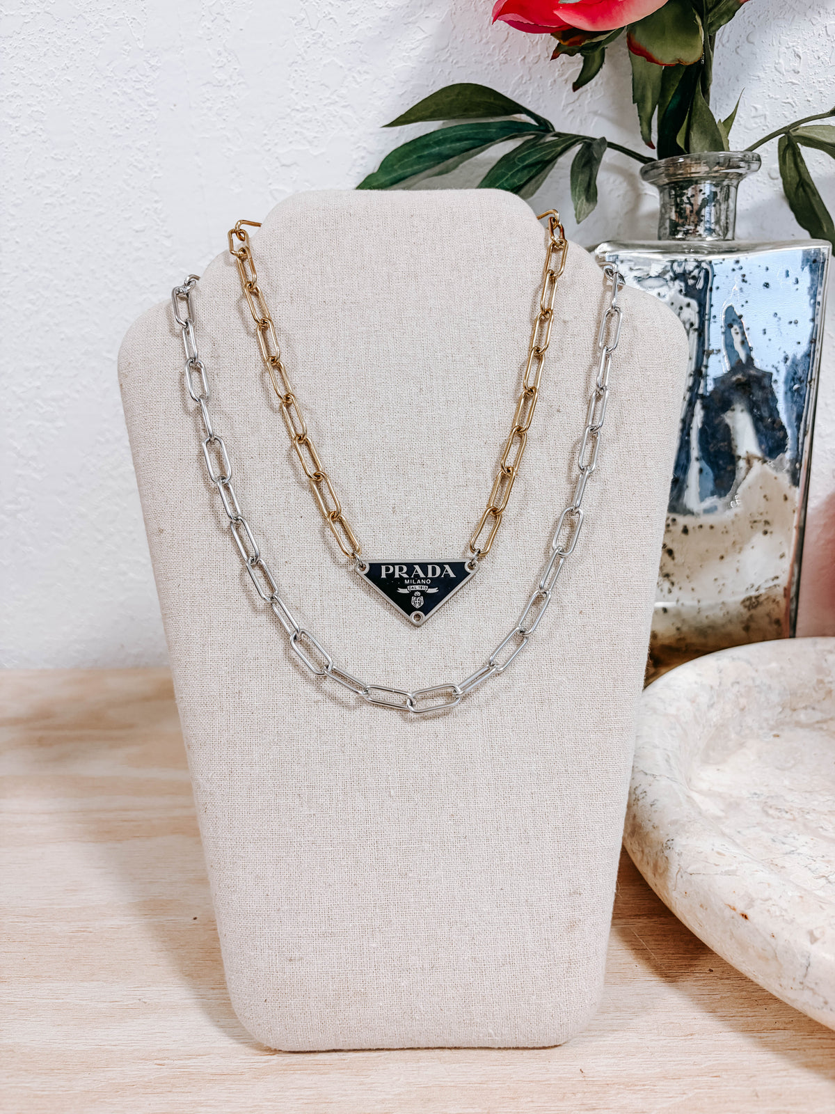 Upcycled Prada Triangle Mixed Metal Necklace 2