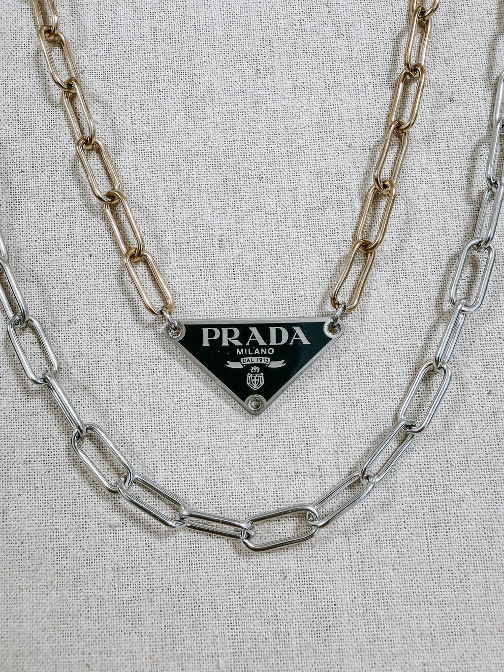 Upcycled Prada Triangle Mixed Metal Necklace 2