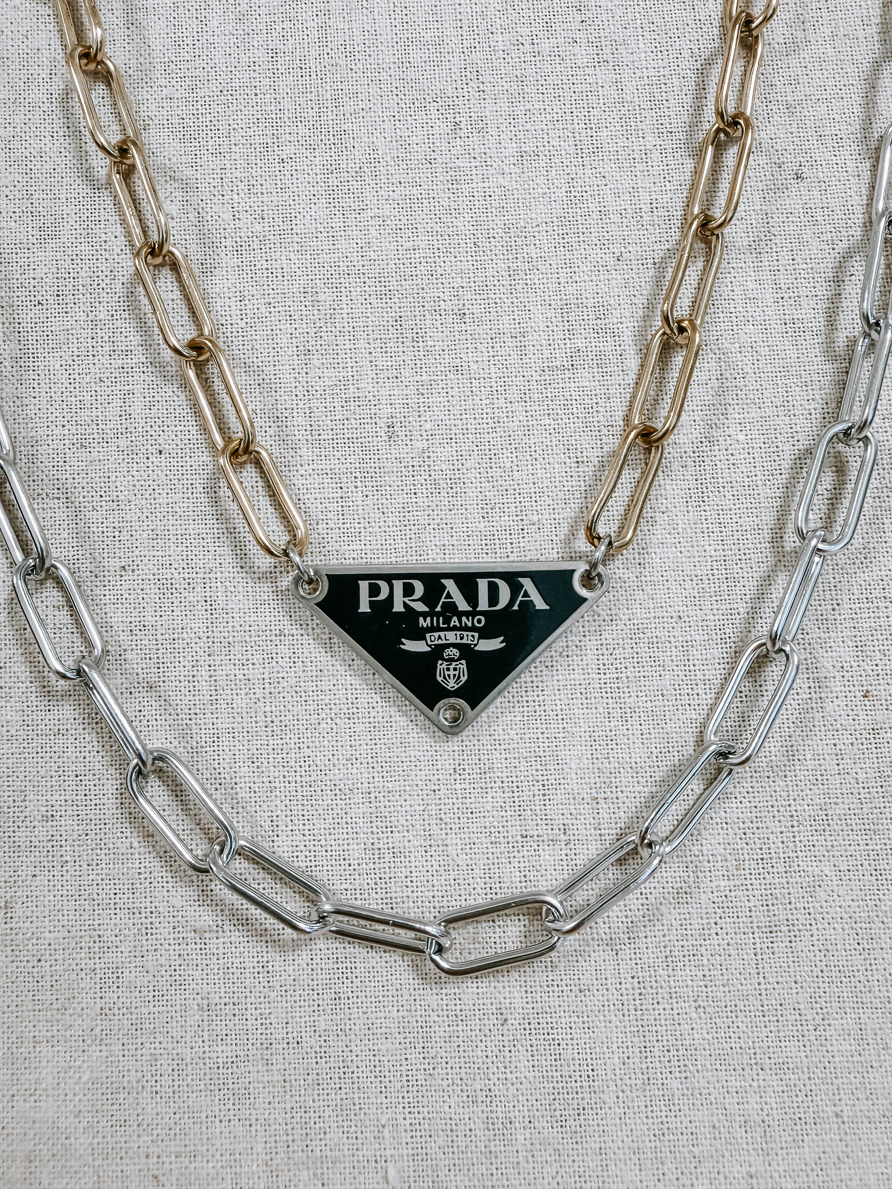 Upcycled Prada Triangle Mixed Metal Necklace 2
