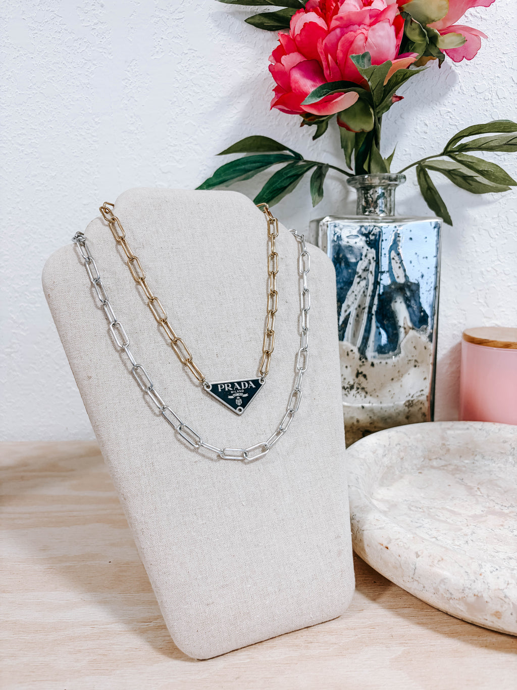 Upcycled Prada Triangle Mixed Metal Necklace 2