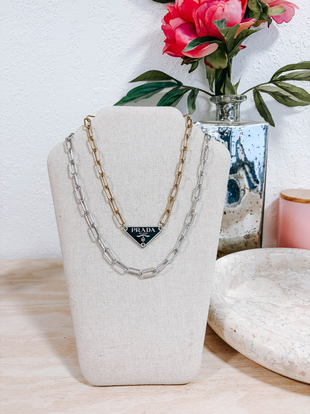 Upcycled Prada Triangle Mixed Metal Necklace 2
