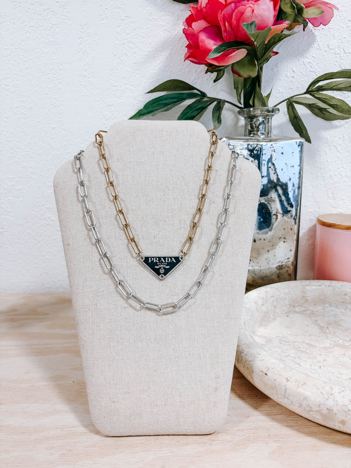 Upcycled Prada Triangle Mixed Metal Necklace 2