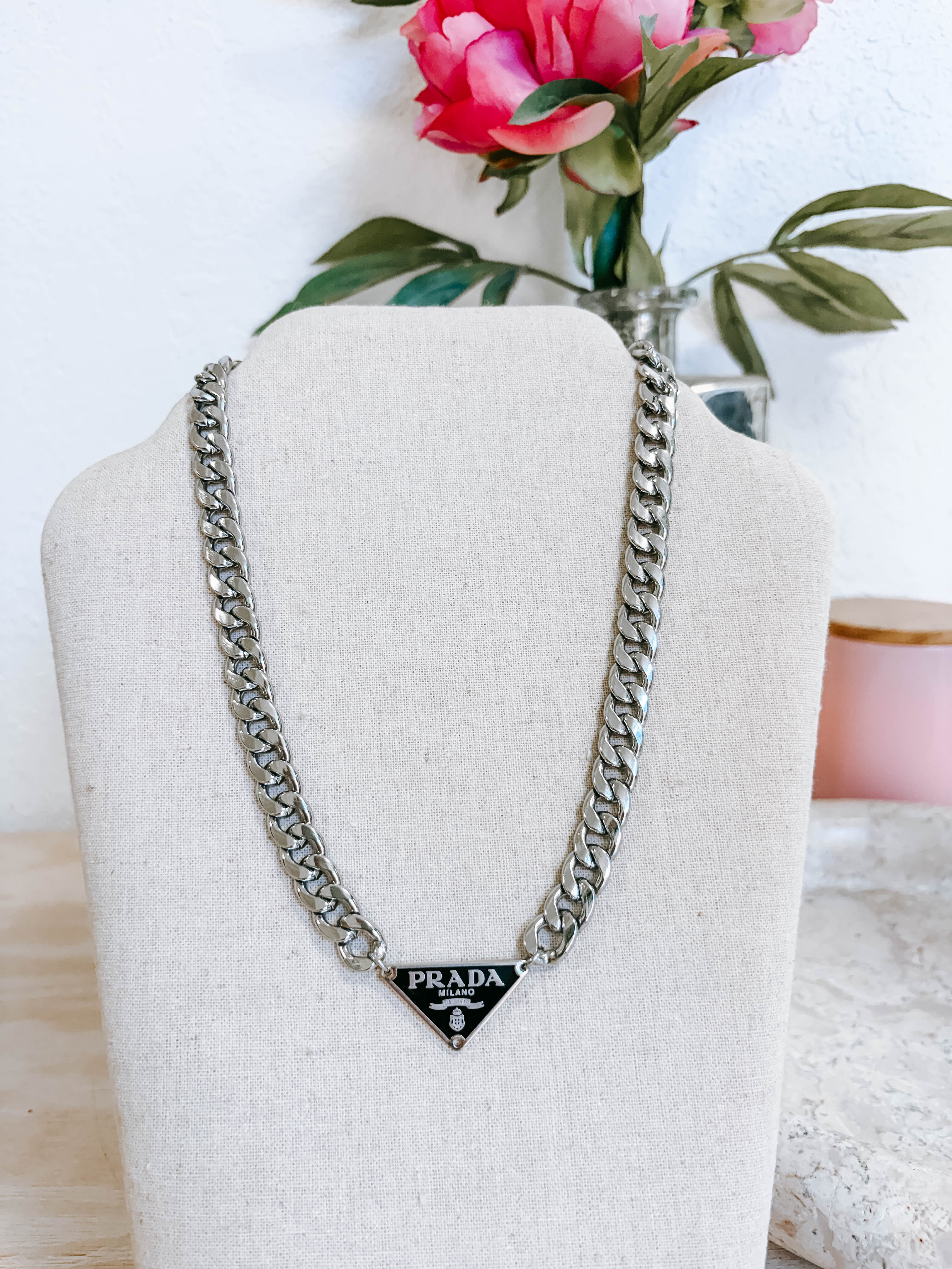 Upcycled Prada Triangle Logo Necklace - Silver Flat Link Chain
