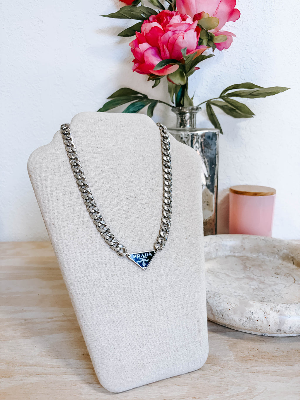 Upcycled Prada Triangle Logo Necklace - Silver Flat Link Chain