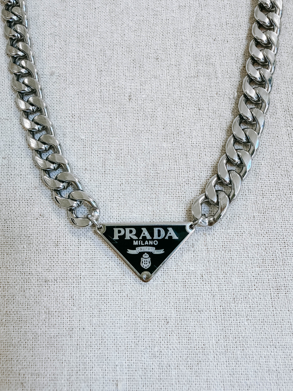 Upcycled Prada Triangle Logo Necklace - Silver Flat Link Chain