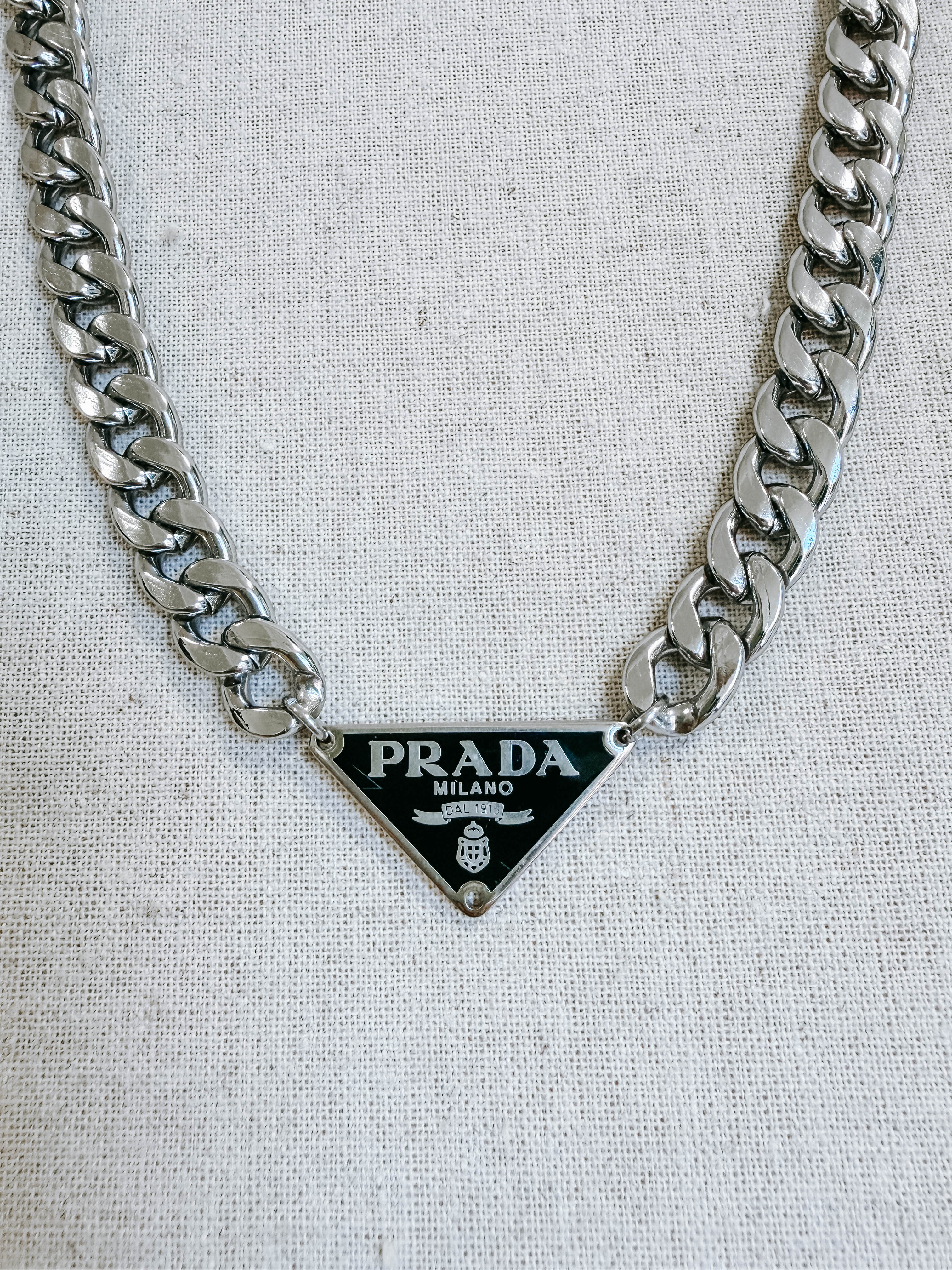 Upcycled Prada Triangle Logo Necklace - Silver Flat Link Chain